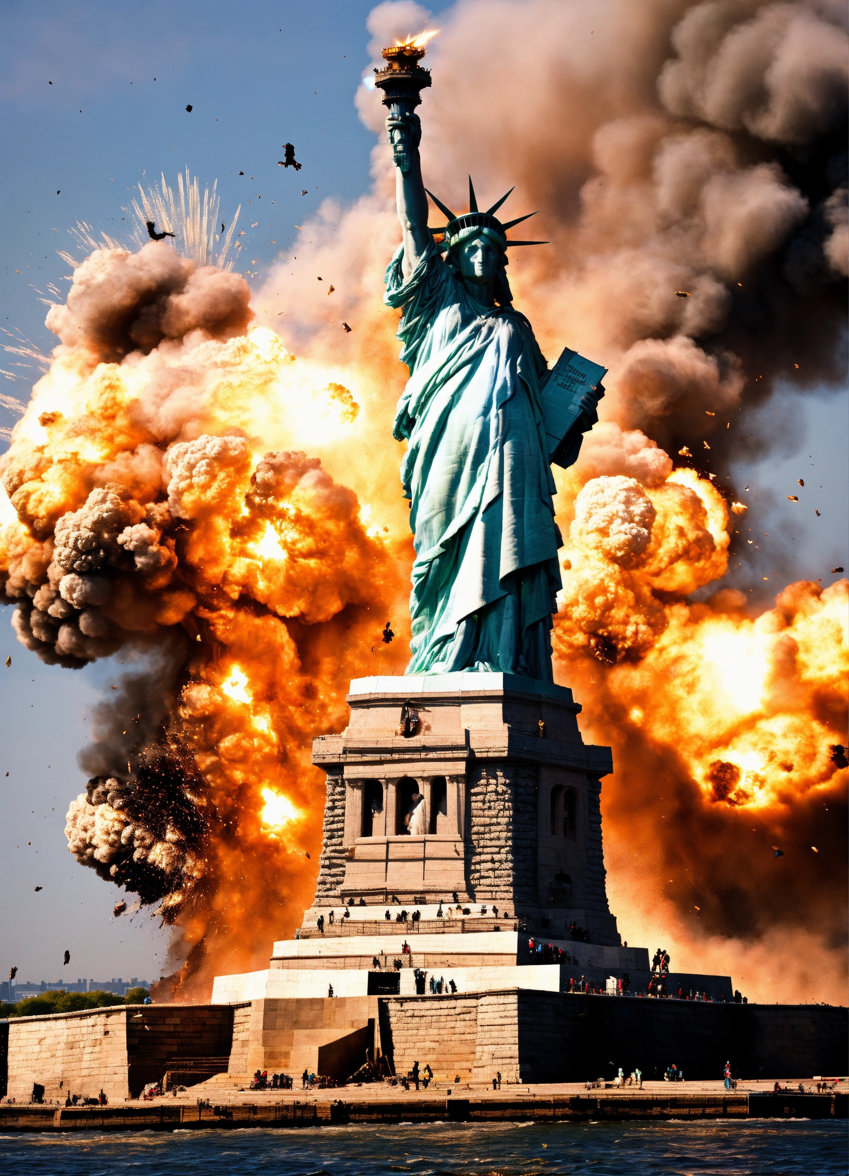 Lexica Statue of Liberty, explosion background, destruction, people