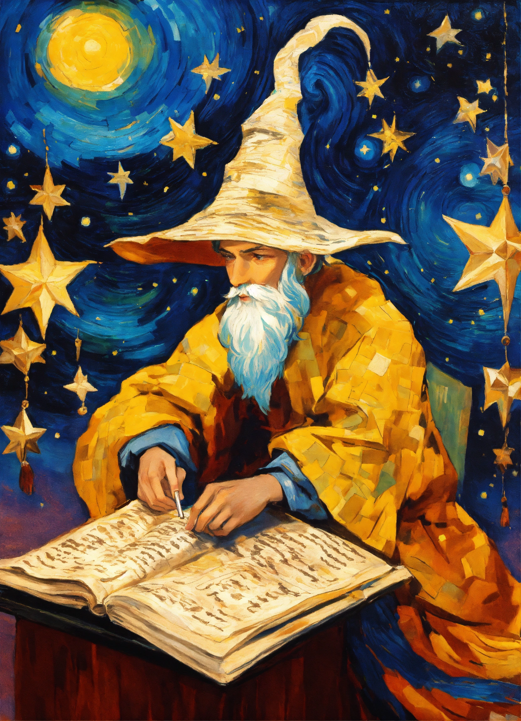 Lexica - Merlin wearing a wizard hat with stars studying ancient ...