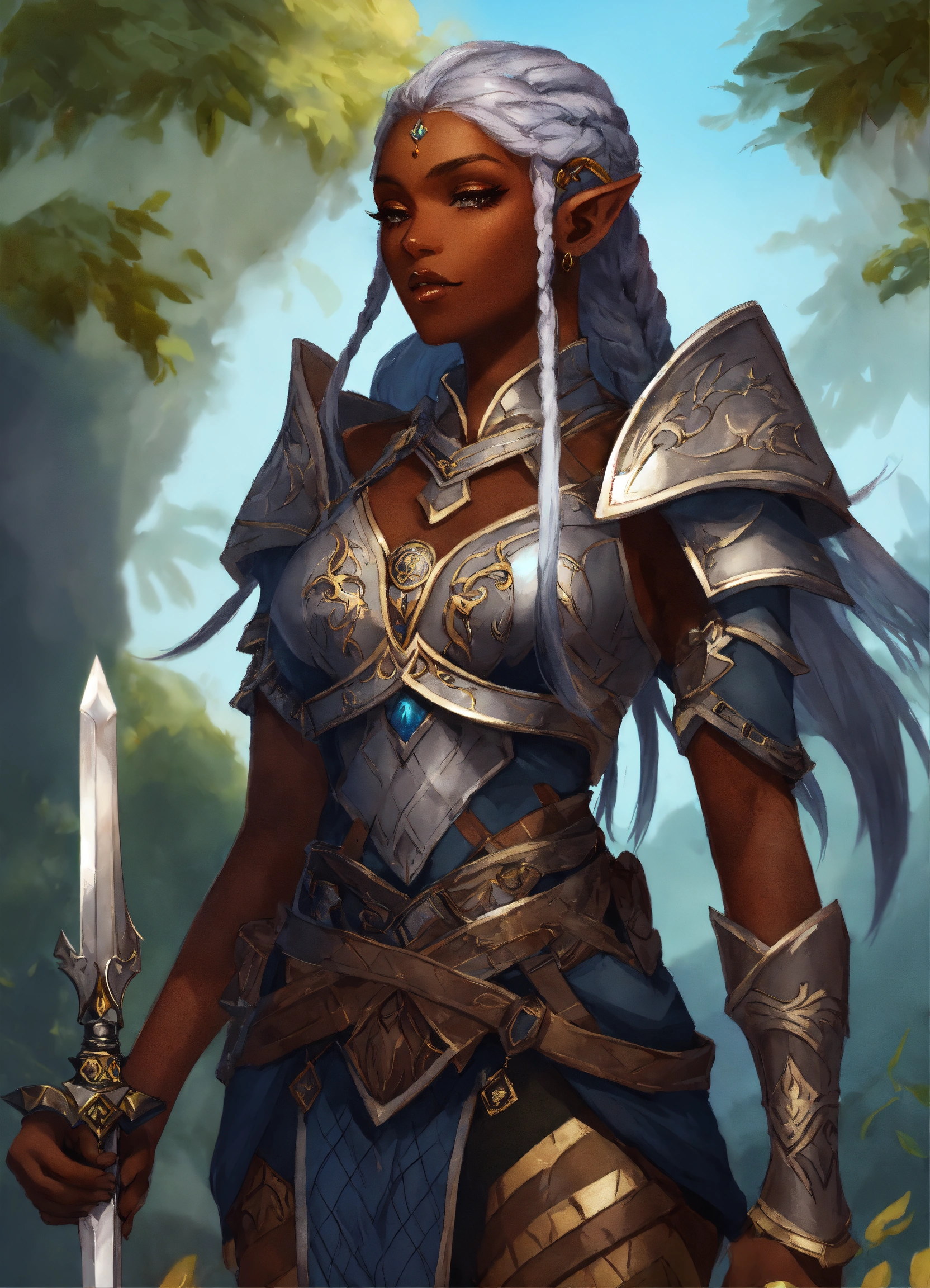 Lexica - A beautiful drow woman in sun themed armor. she has braids and ...