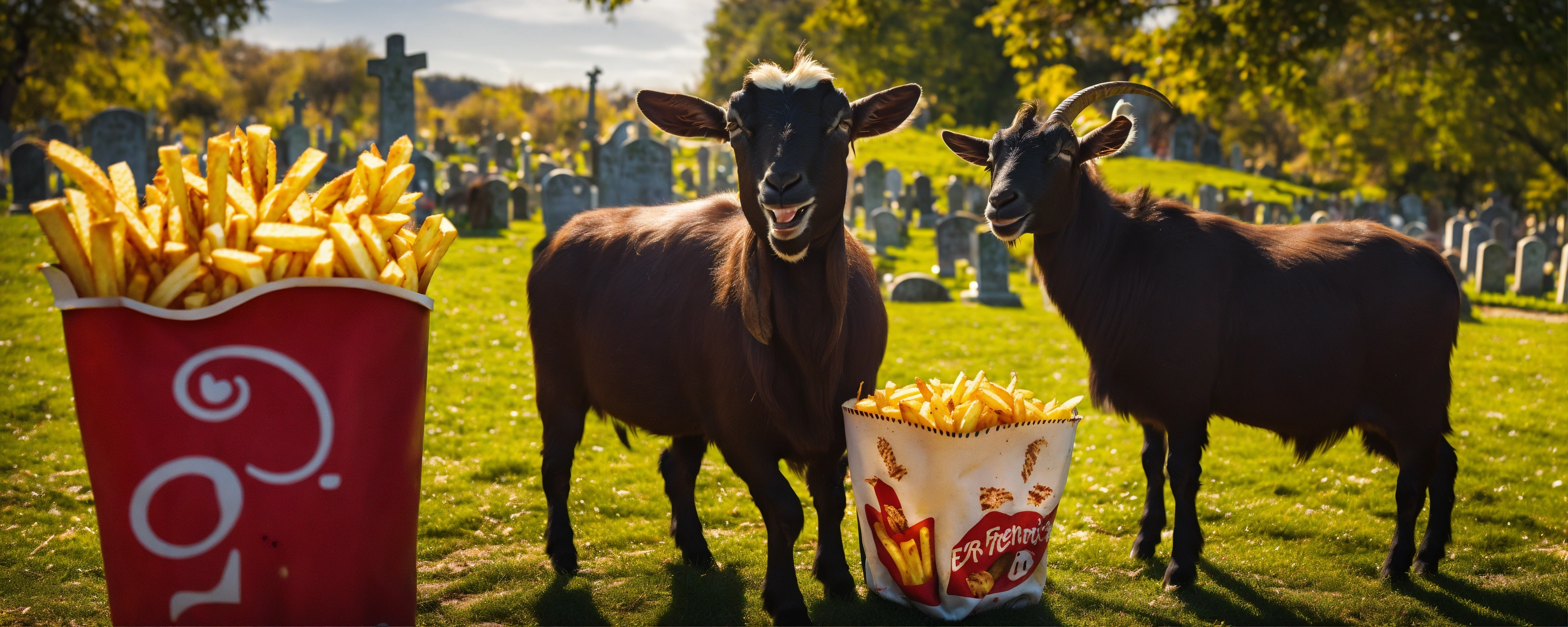 Lexica - (a duo of 2) grinning goats (eating (French fries)) in a ...