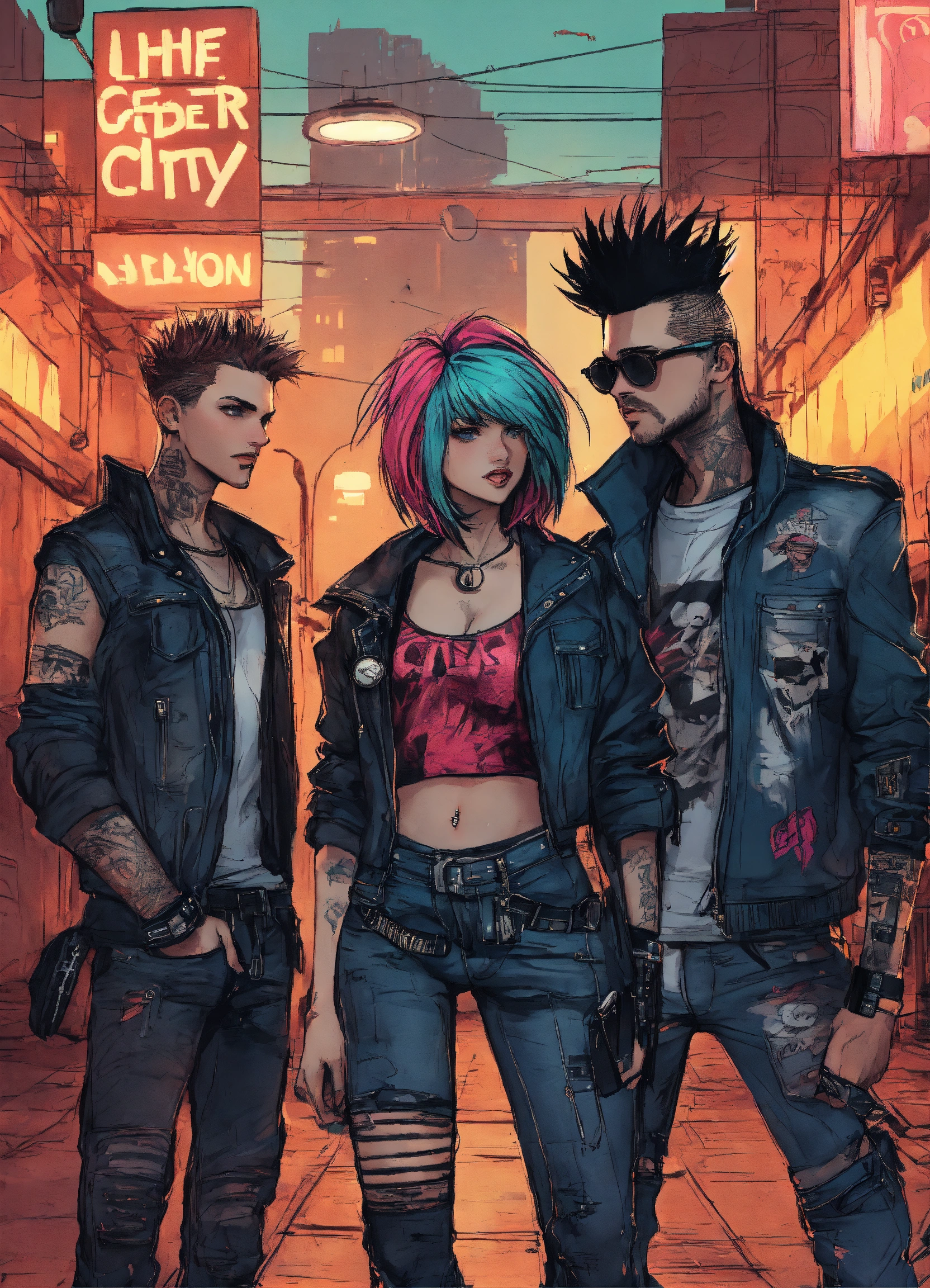 Lexica - Three cyberpunks two men and one woman, wearing t-shirts ...