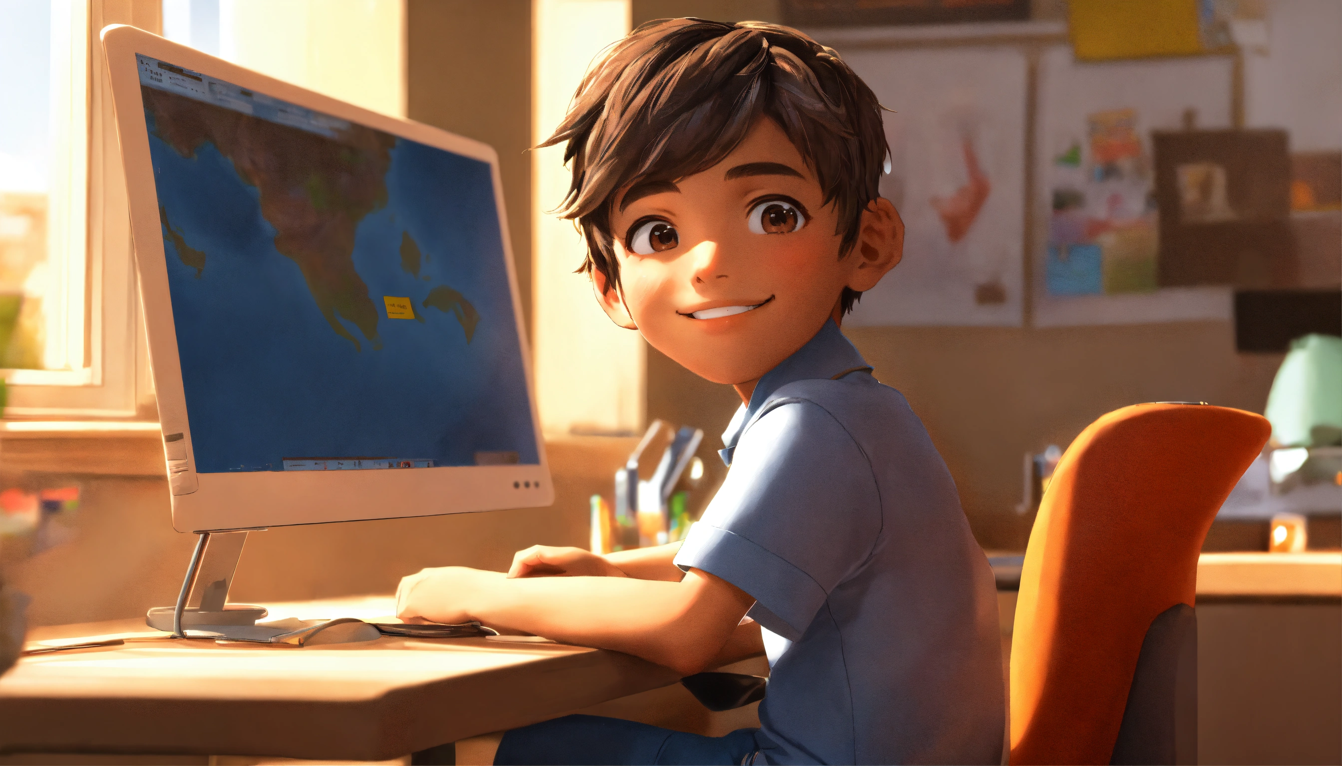 Lexica - A boy sits confidently in front of a computer, a satisfied ...