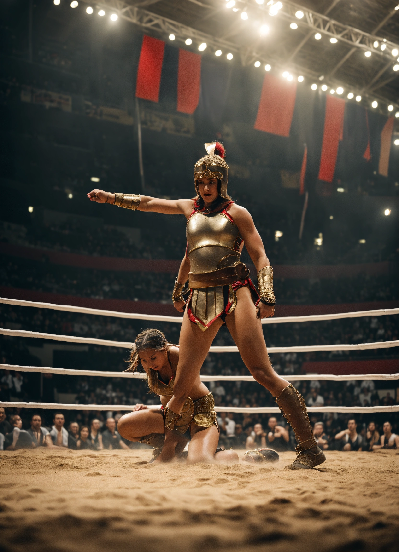 Lexica - Athletic female gladiator standing in triumph in front of ...