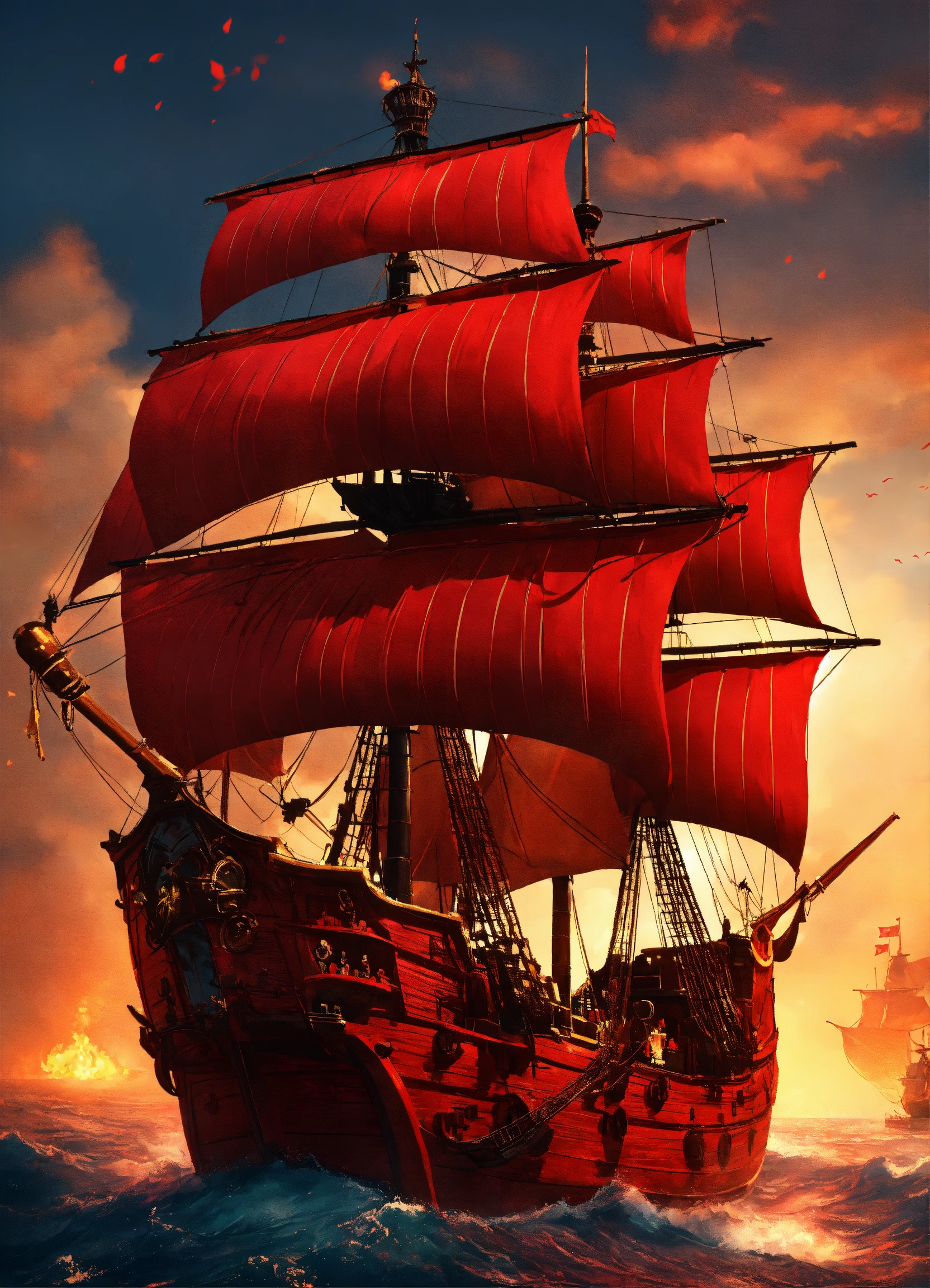 Lexica - A huge red arabic pirate ship, with crimson sails, on a battle ...