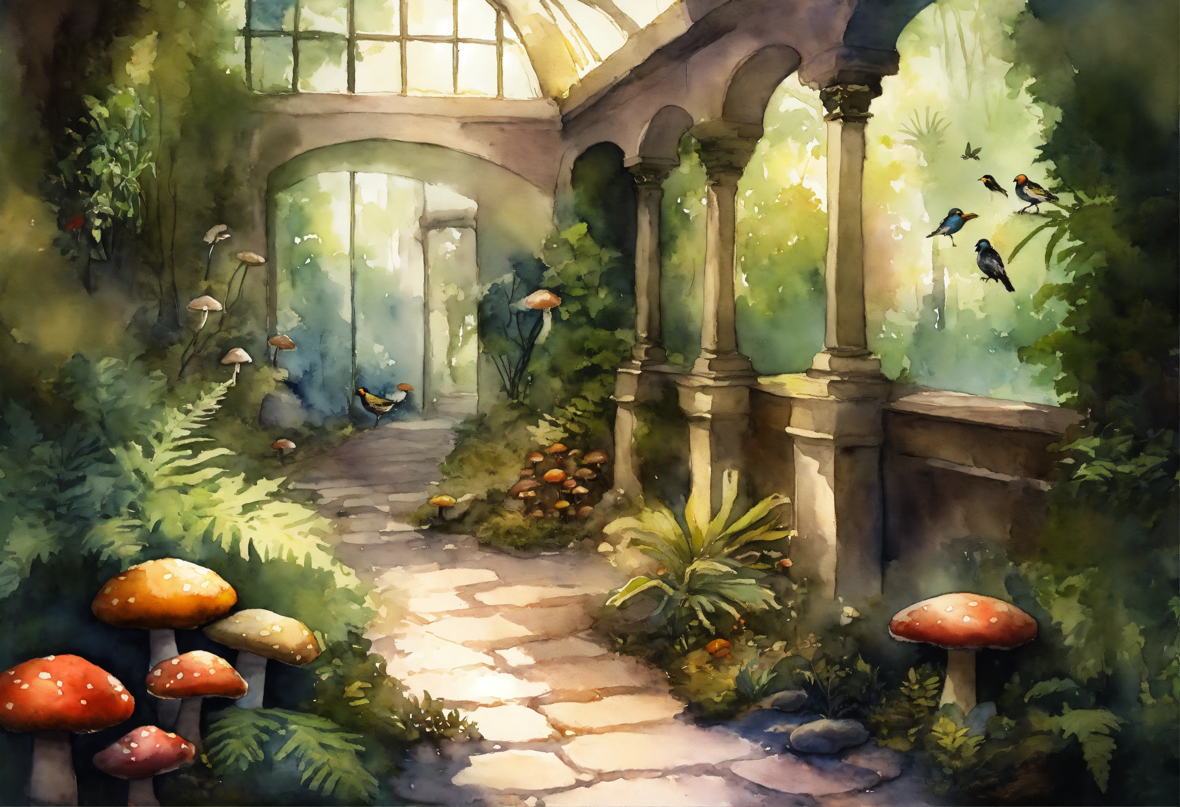 Lexica - Create an a muted watercolor winding cobblestone pathway in an ...