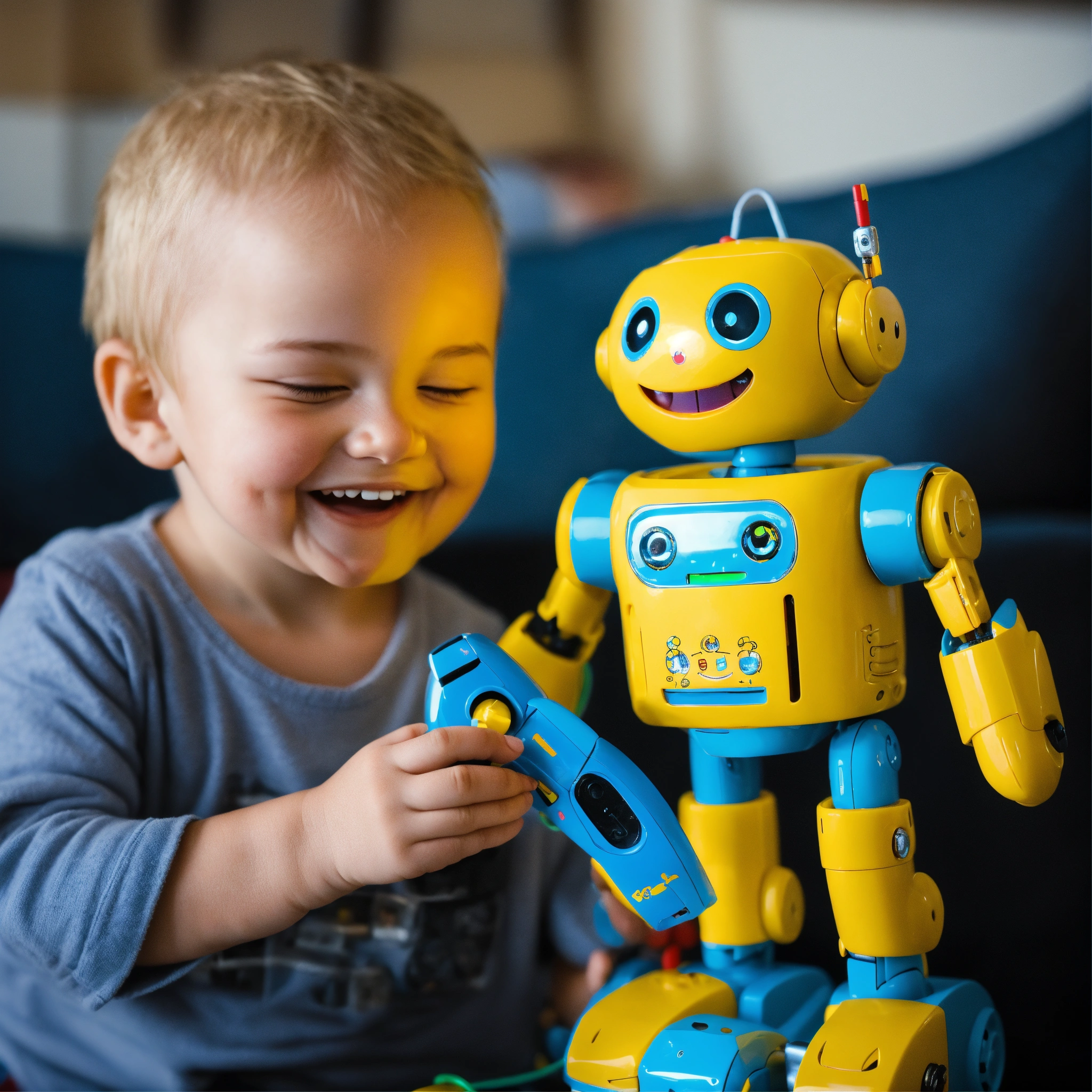 Lexica - A photo of a child playing with a toy robot. The robot is blue ...