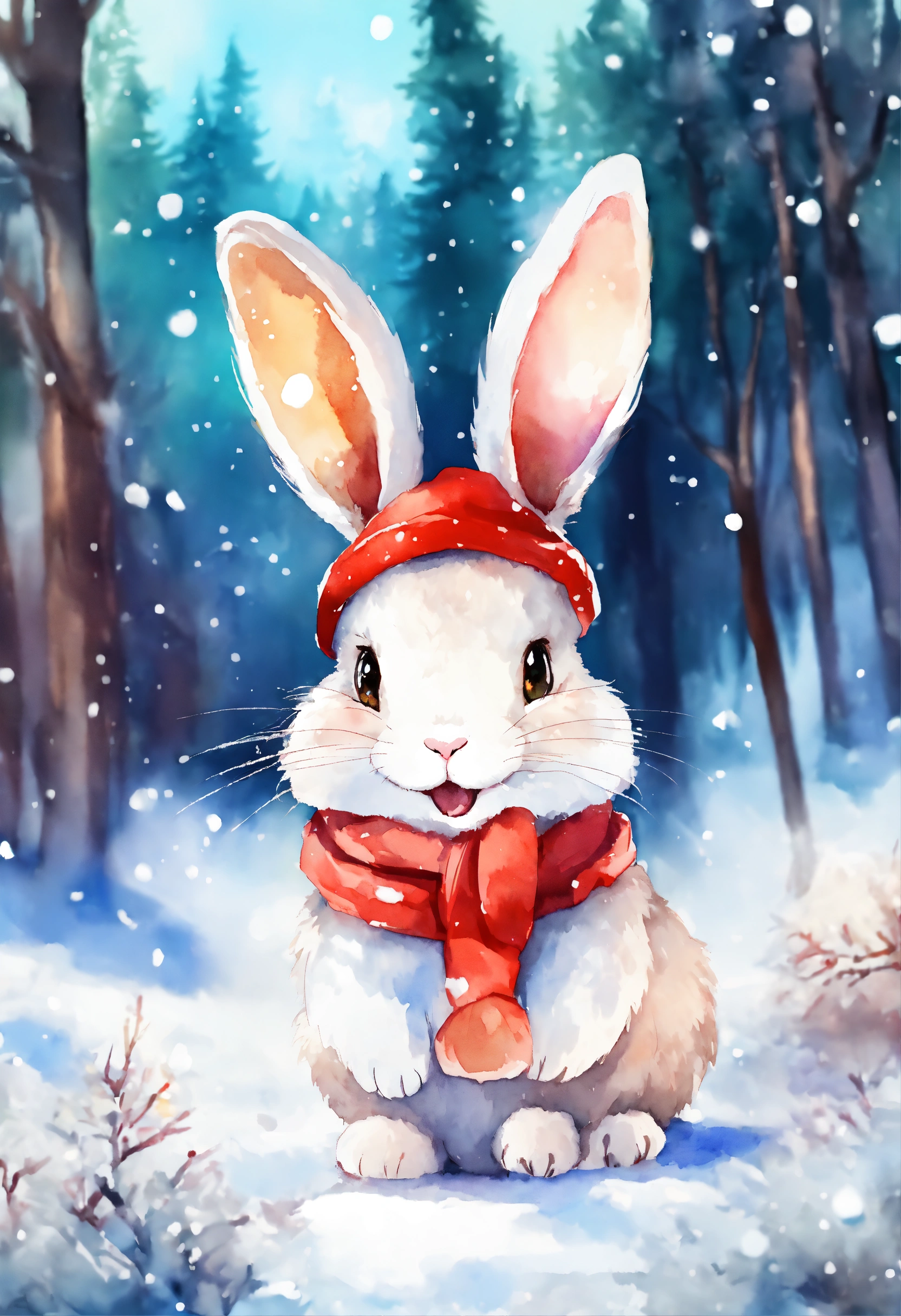 Lexica - A cute happy rabbit in forest with Christmas hat , ,snow ...