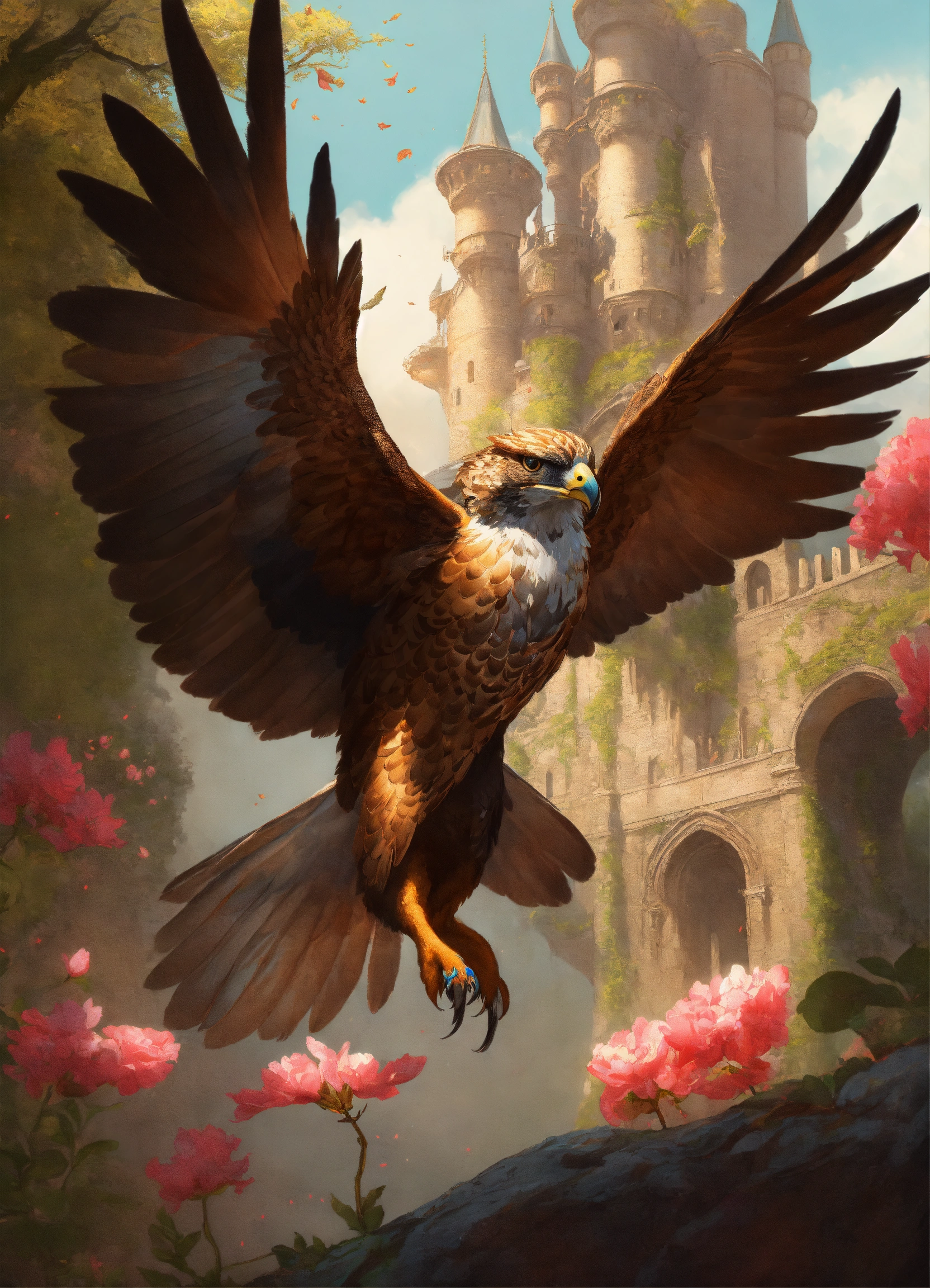 Lexica - Big animal falcon, wears magical armor, flying around castle ...