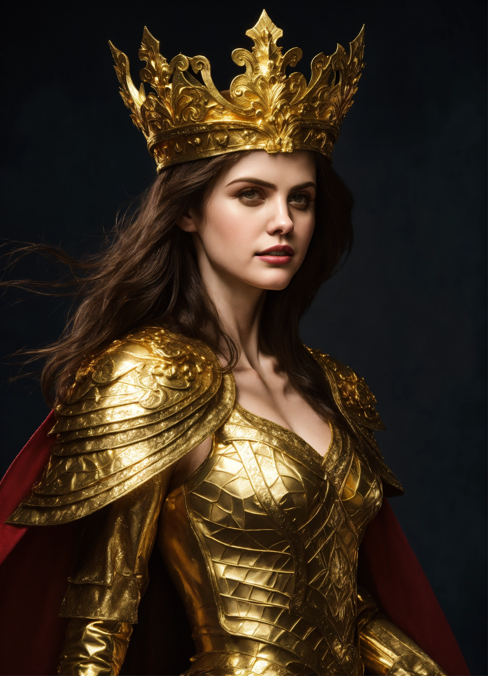 Lexica Alexandra Daddario as mage goddess in golden armor with golden