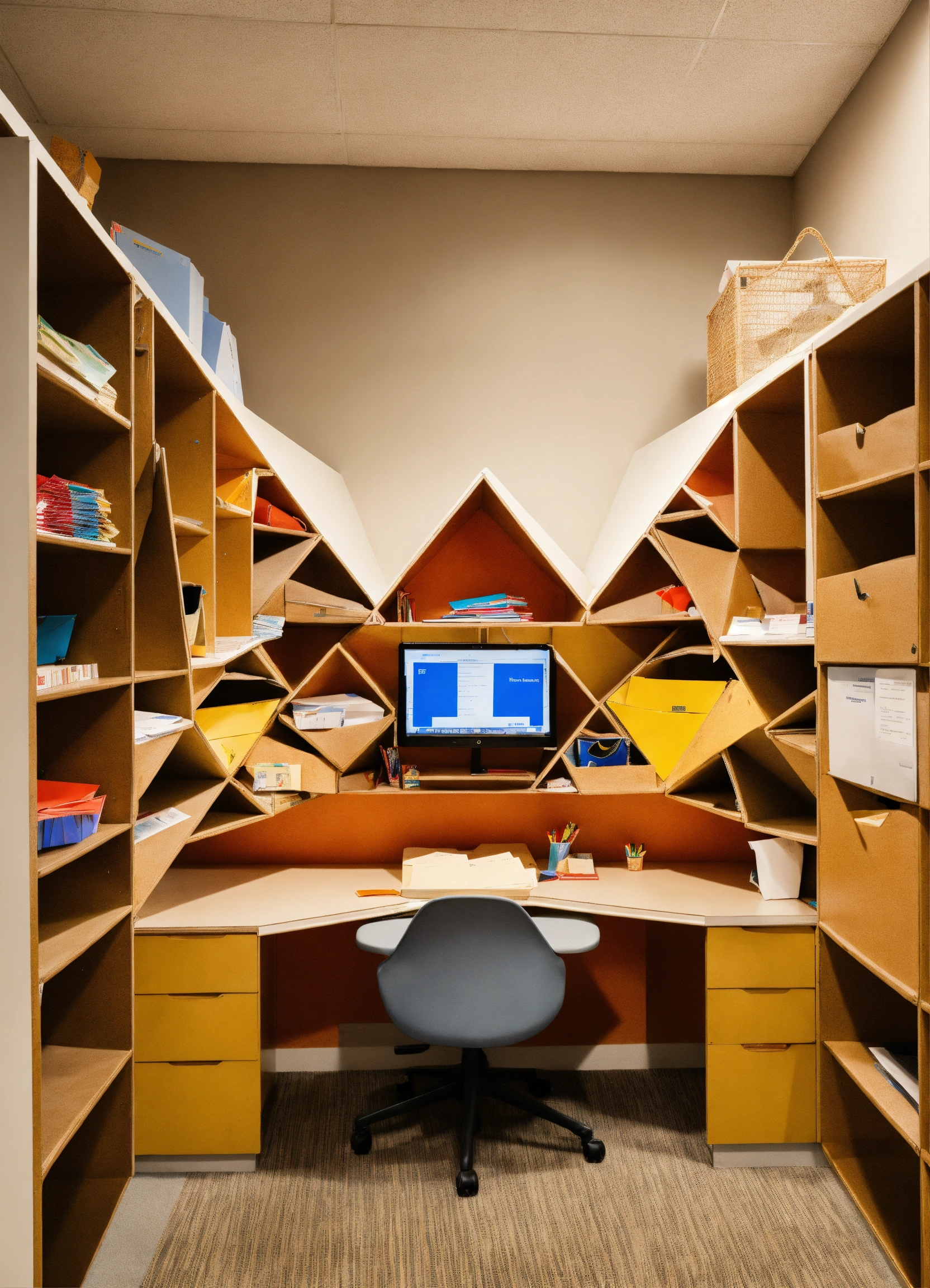 Lexica - Teacher work room with triangular shaped cubbies with mail in them