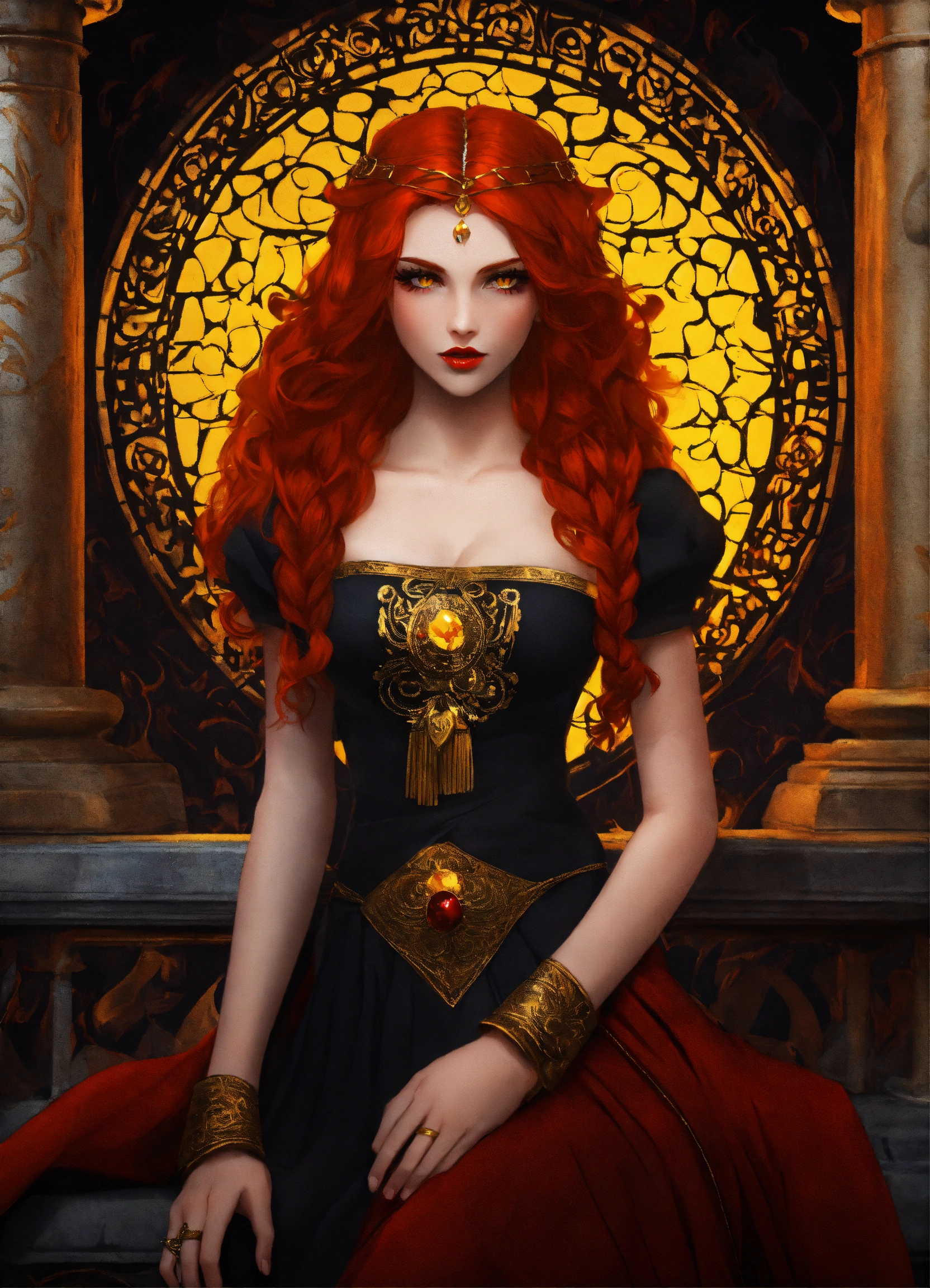 Lexica - Goth Greek goddess with red hair and yellow eyes. Disney