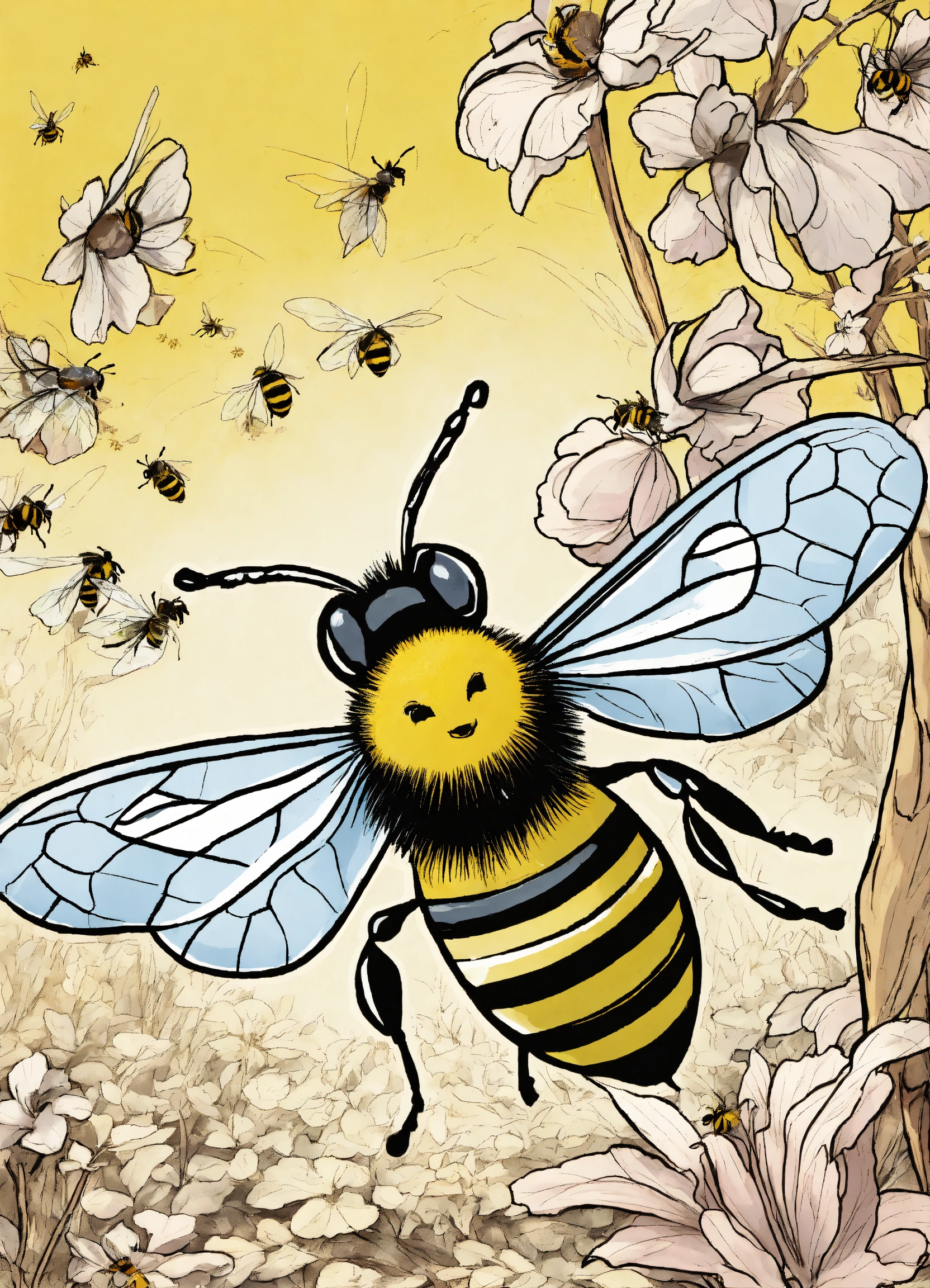 Lexica - Comics, in the middle of the drawing, a bee , flies background