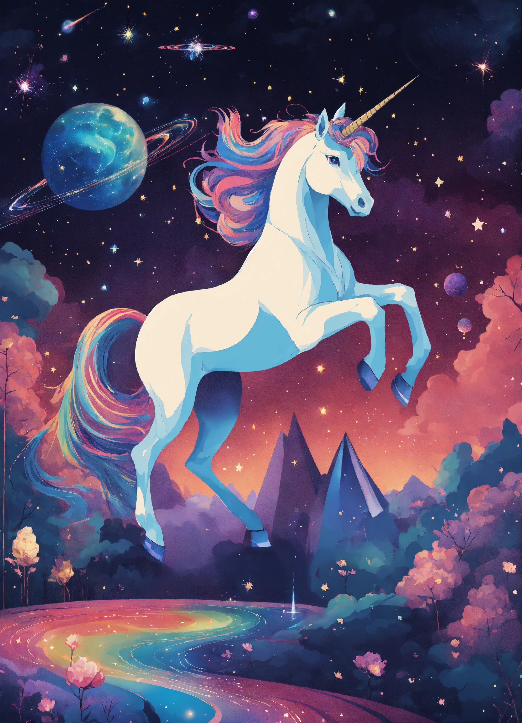 Lexica - Embark on a cosmic voyage where a unicorn, its form a dazzling