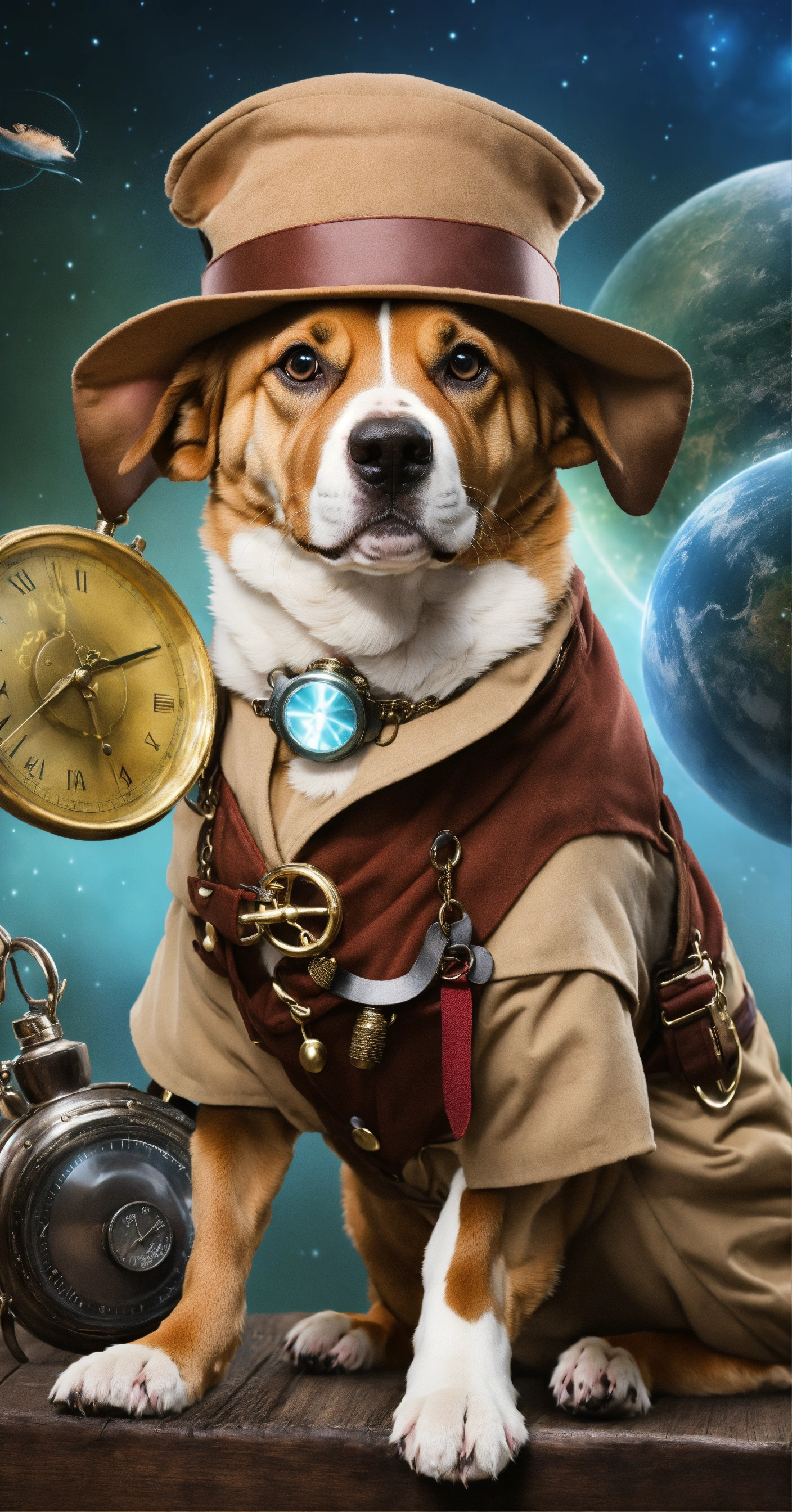 Lexica - Create an image of a dog dressed as a time-traveling explorer ...