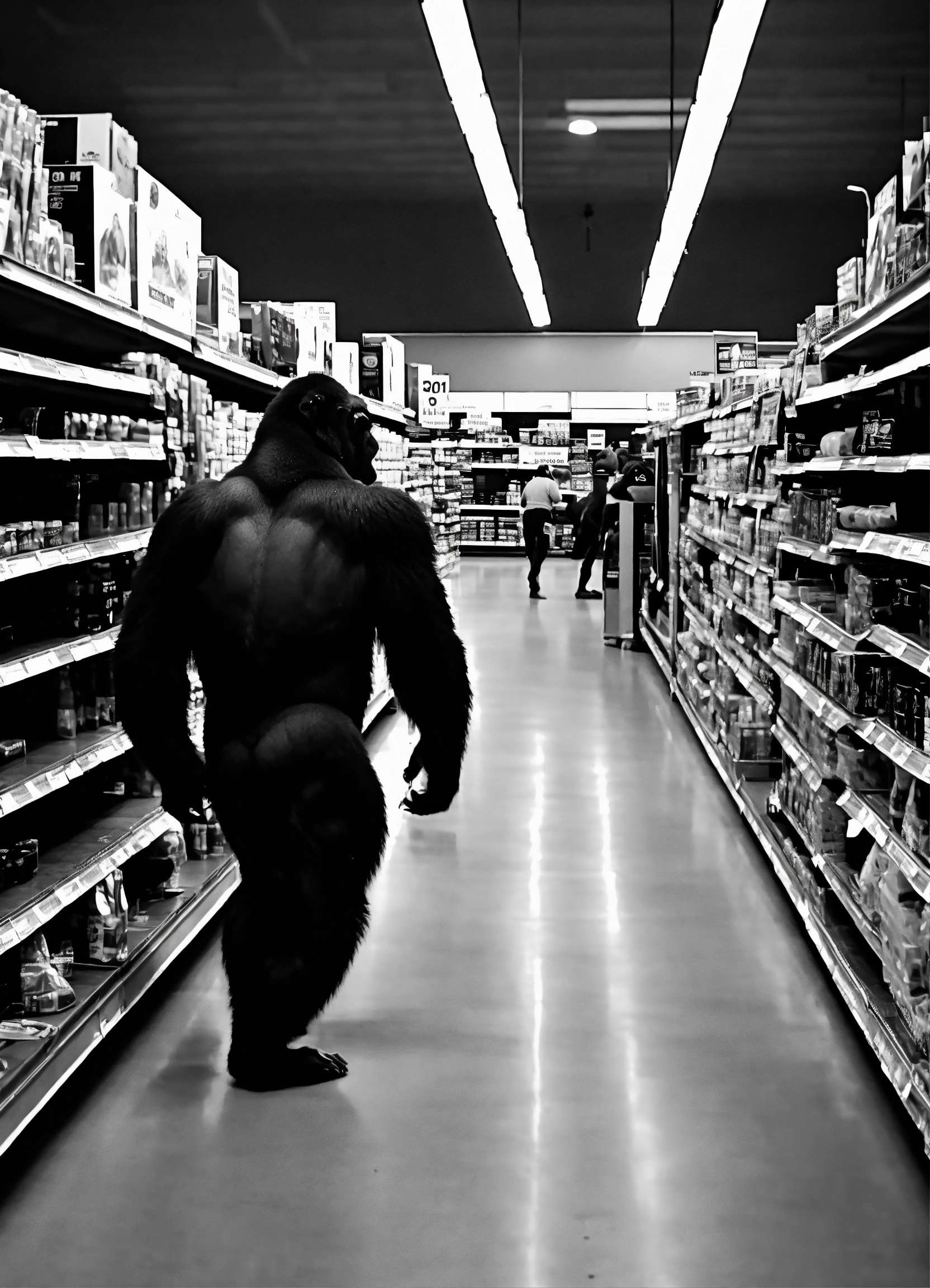 Lexica Grainy black and white Security camera footage of gorillas in