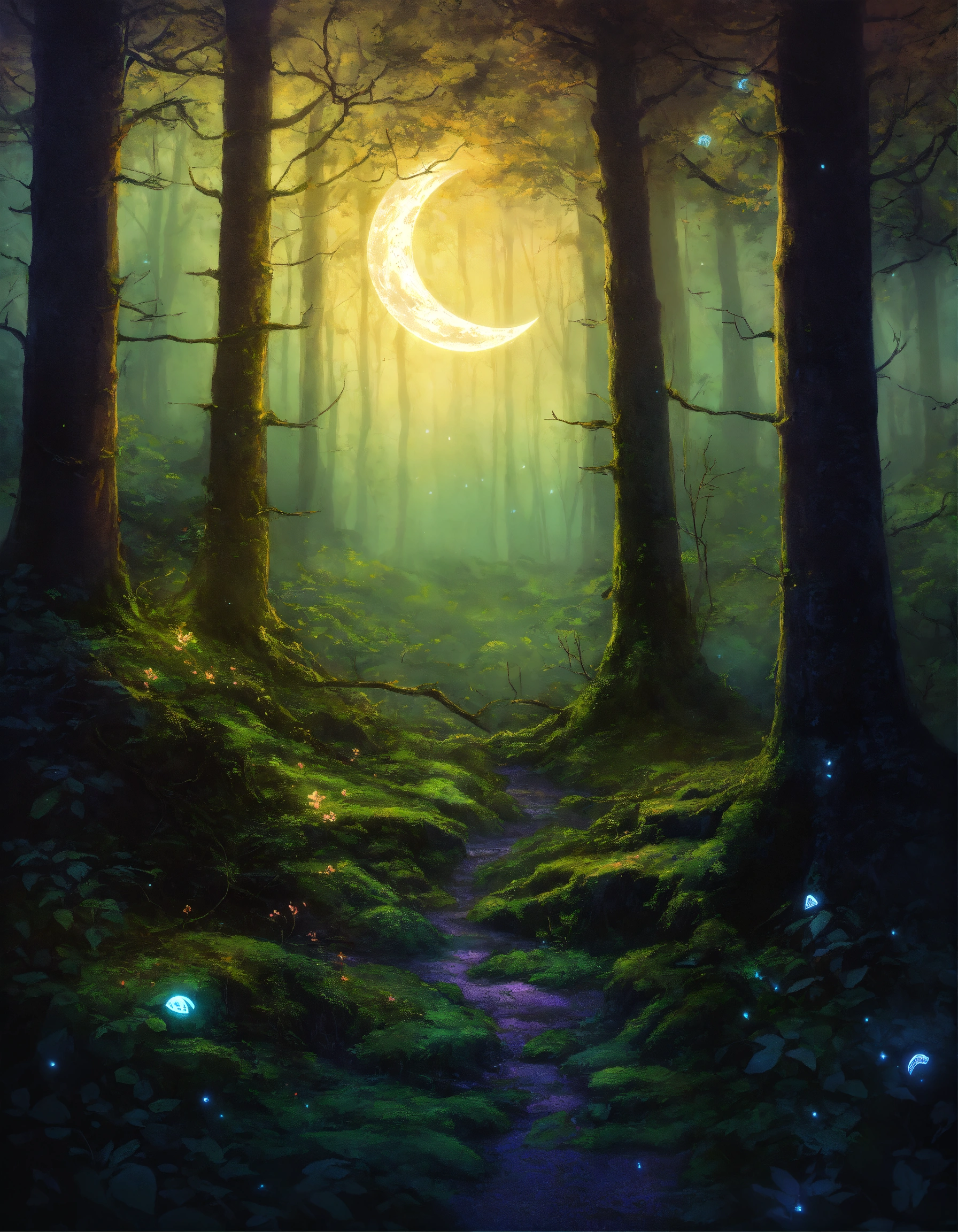 Lexica - A moonlit forest with a cryptic rune.