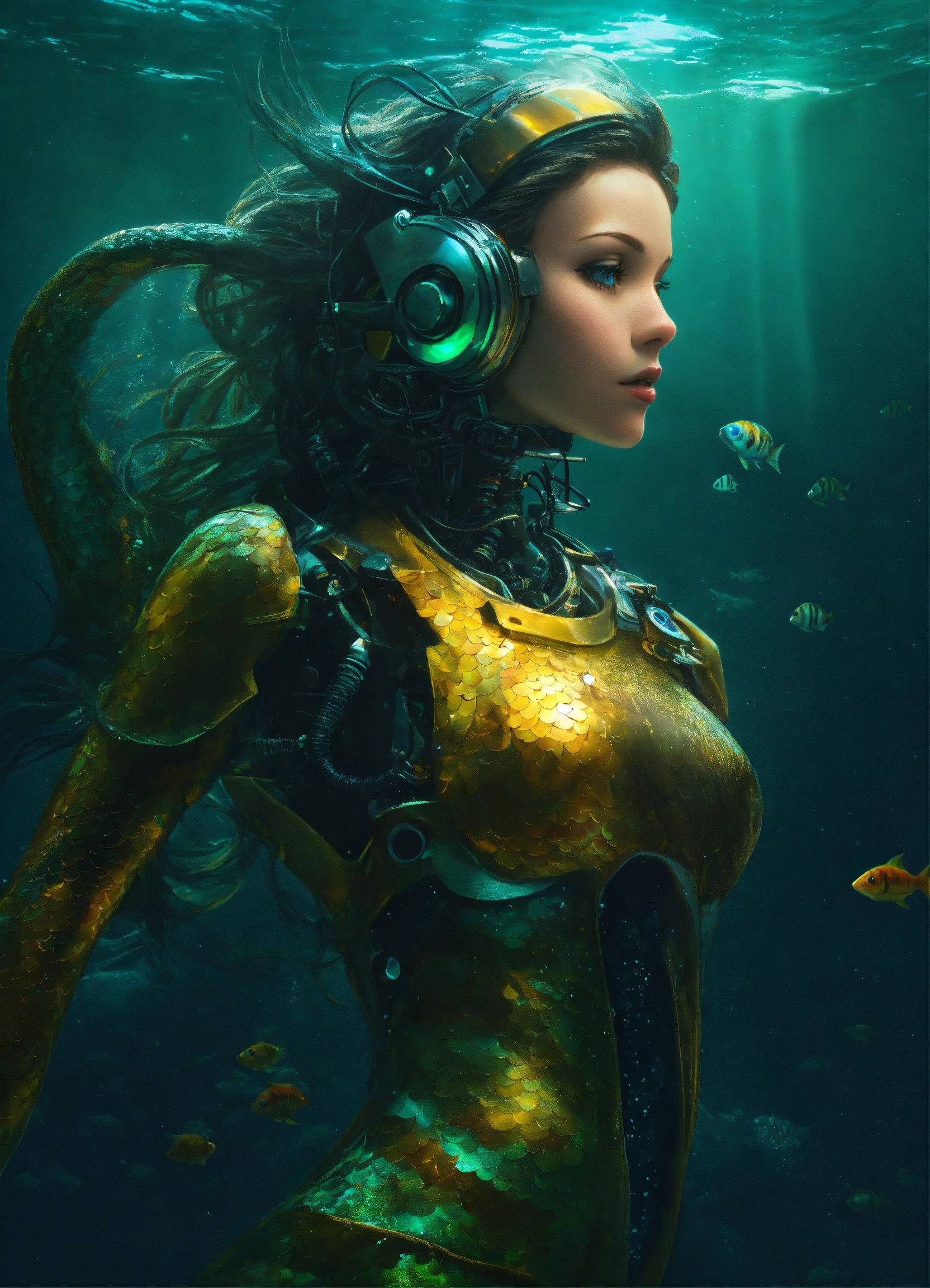 Lexica - A robot mermaid, in the bottom of the sea, dark light , whit a ...