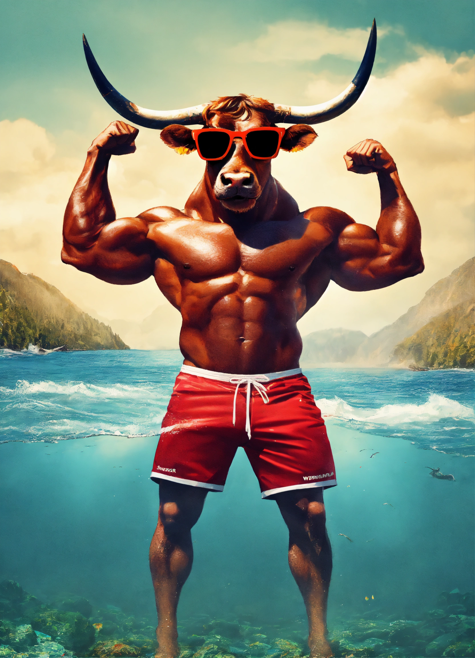 Lexica - A riped bull that flexes his arms up and wearing sunglasess ...