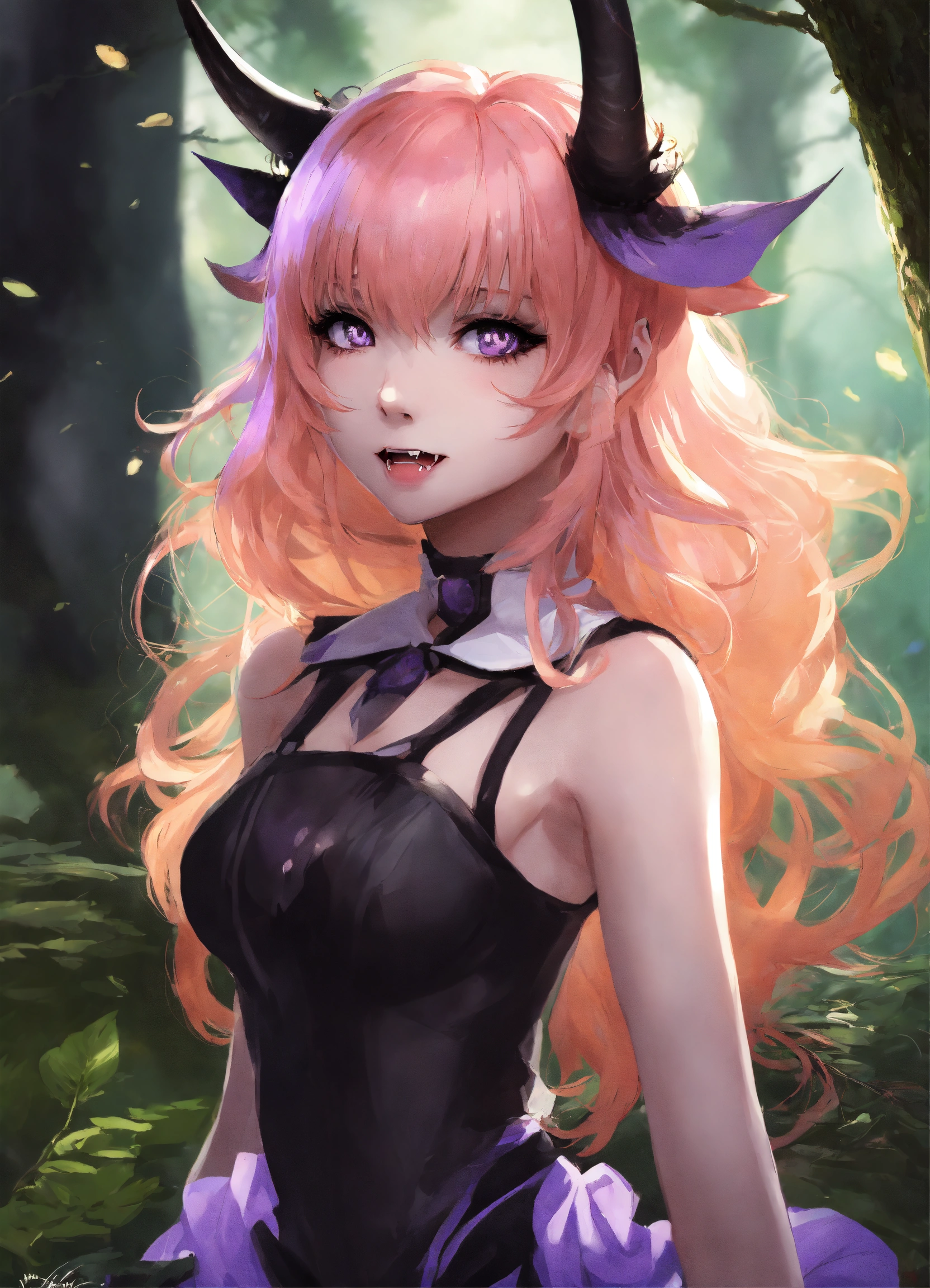 Lexica - Cute petite anime girl, peach hair, purple eyes, fangs, pointed  ears, black head horn halo shape, forest background, girm fantasy