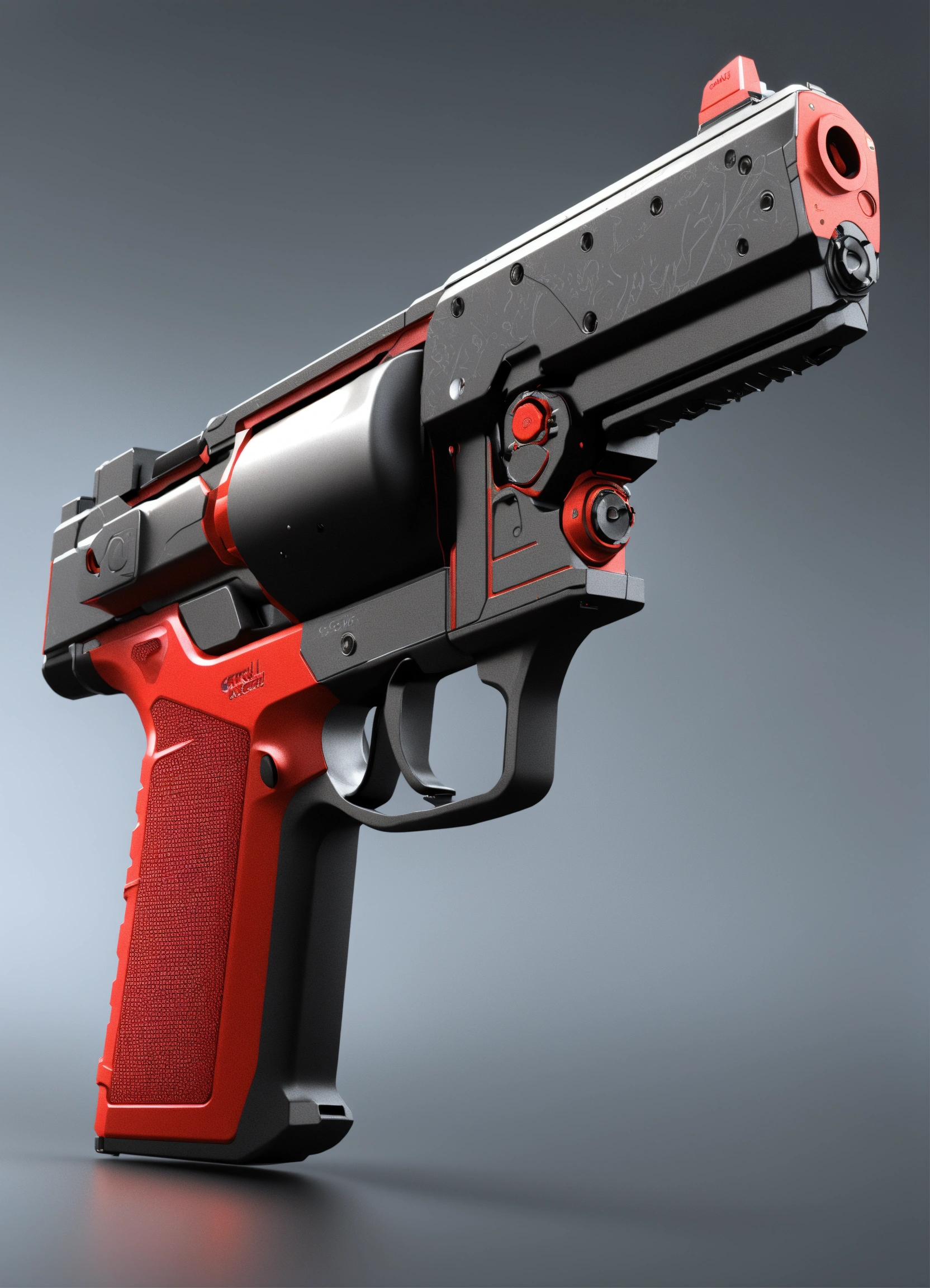 Lexica - A lateral view of a black and red gun on a gray background, a ...