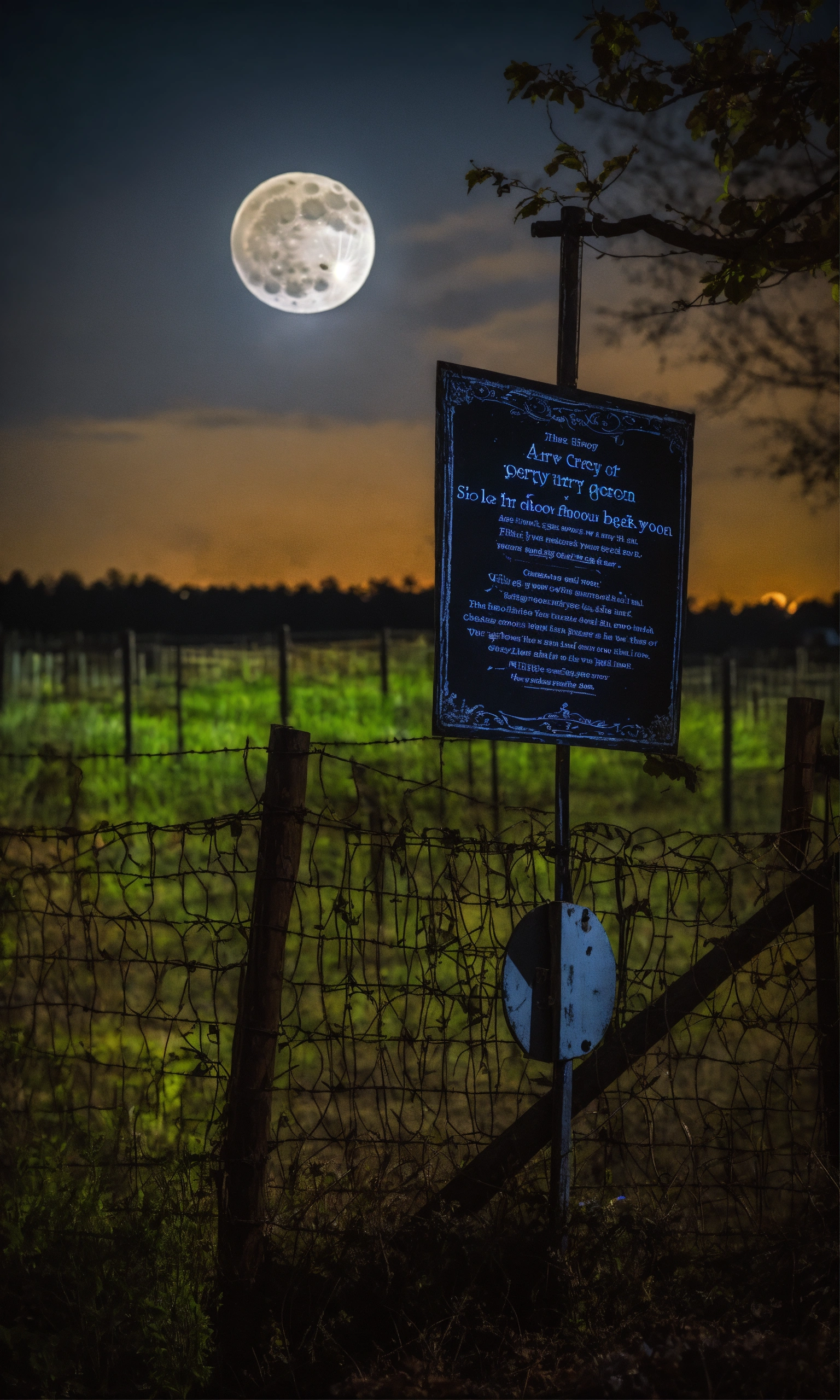 Lexica - A sign on a creepy fence under a full moon.