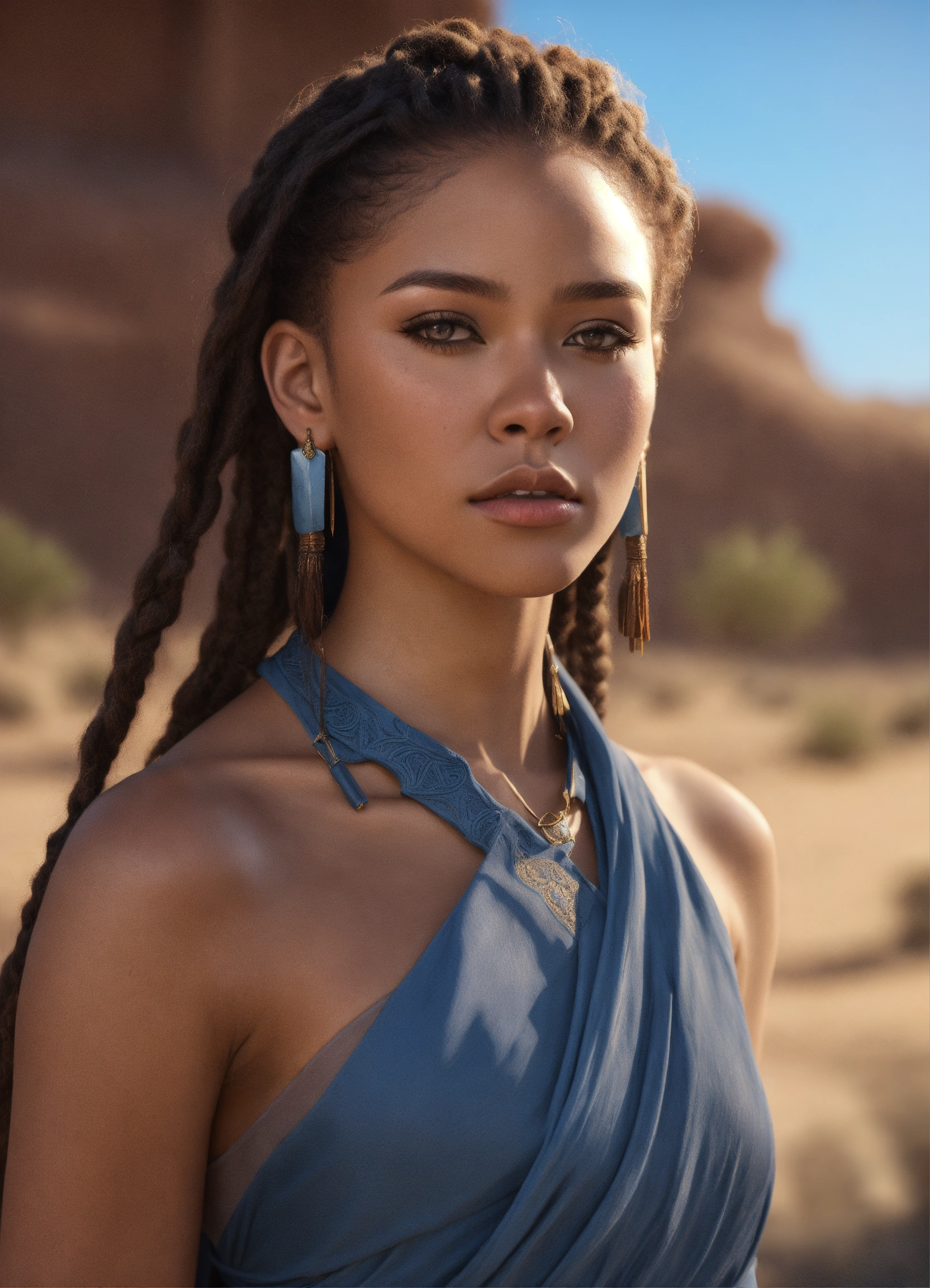 Lexica - Portrait of lightskin woman, age 20, light skin, square jaw,  beard, dreads, tomboy, muscular, fantasy clothing, desert environment, blue  wra...