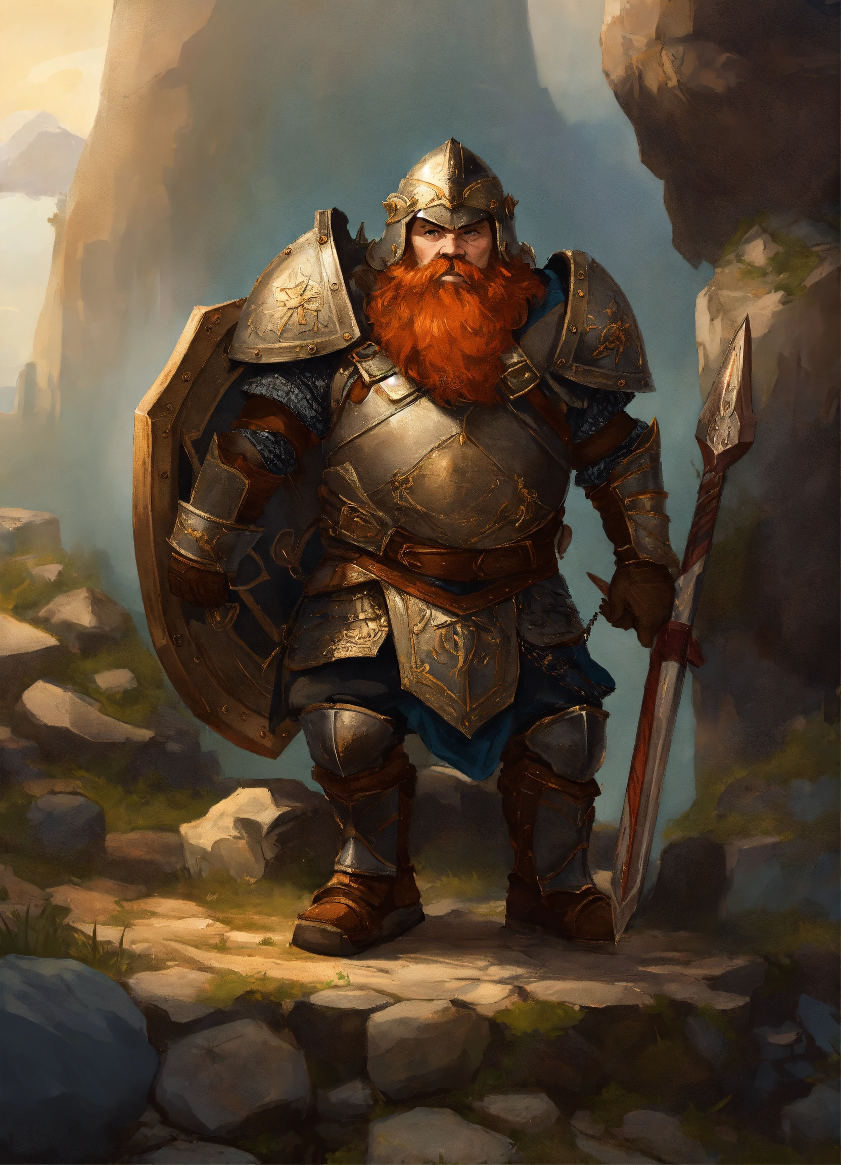 Lexica - A dwarf in full armor holding a shield over his head as if ...