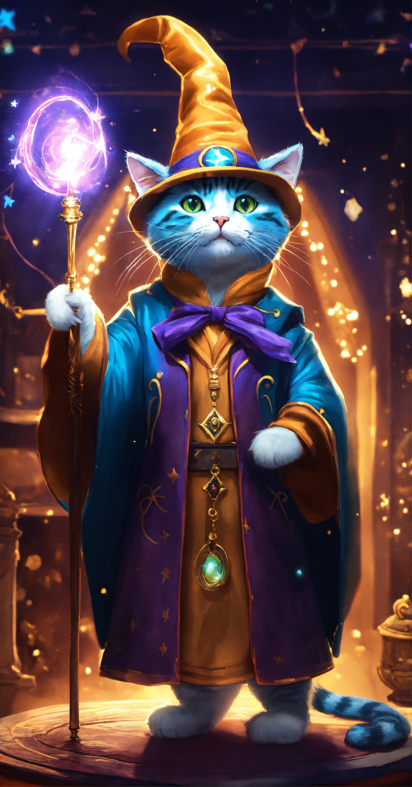 Lexica - Create an image of a cat dressed as a wizard, holding a grand ...
