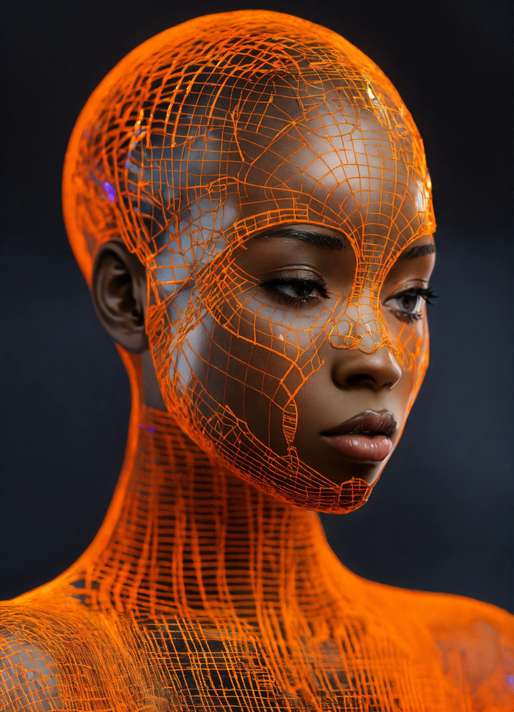 Lexica - Orange African female wireframe hologram