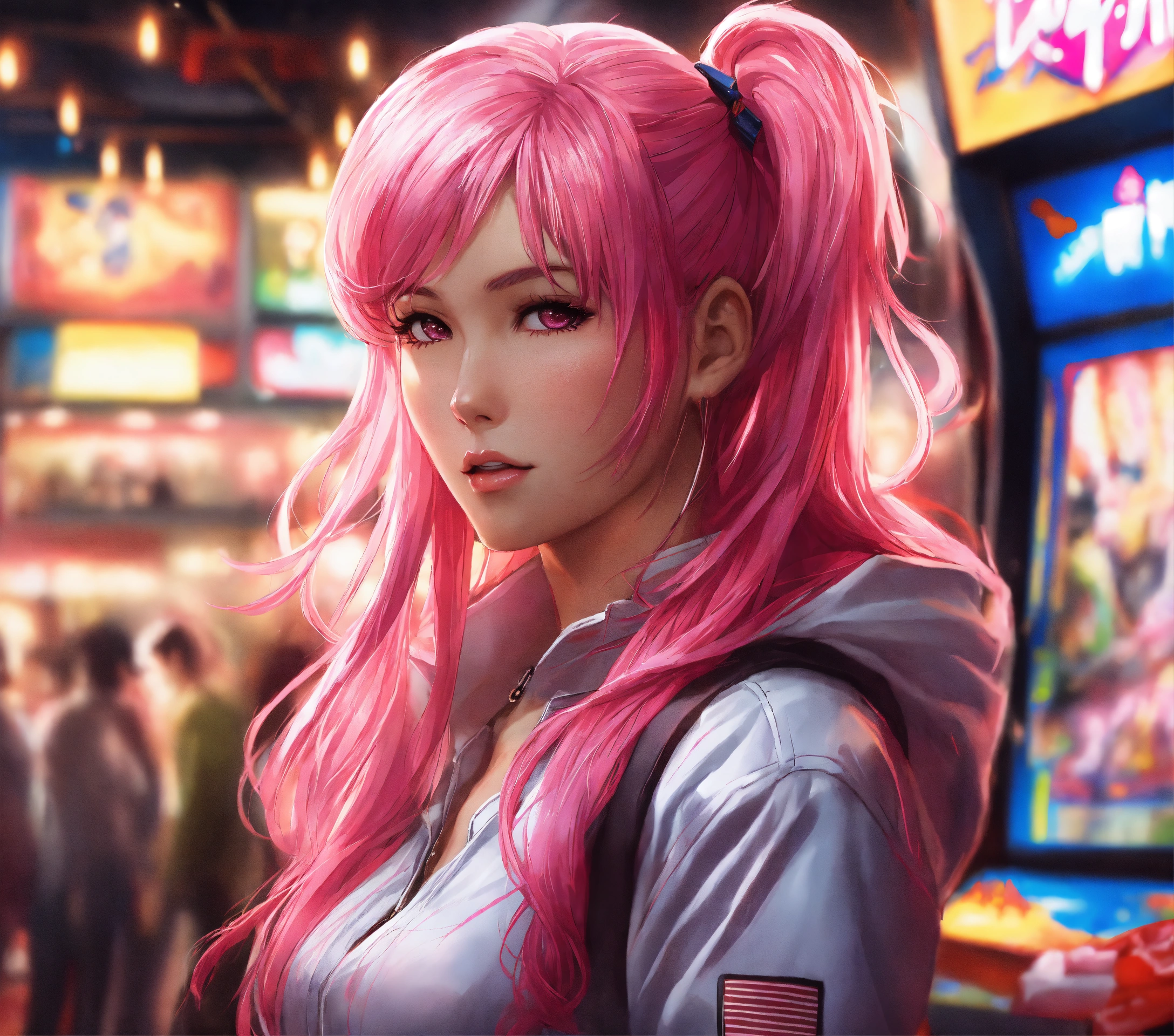 Lexica - Misato Katsuragi with pink hair at the arcade, stunning anime ...