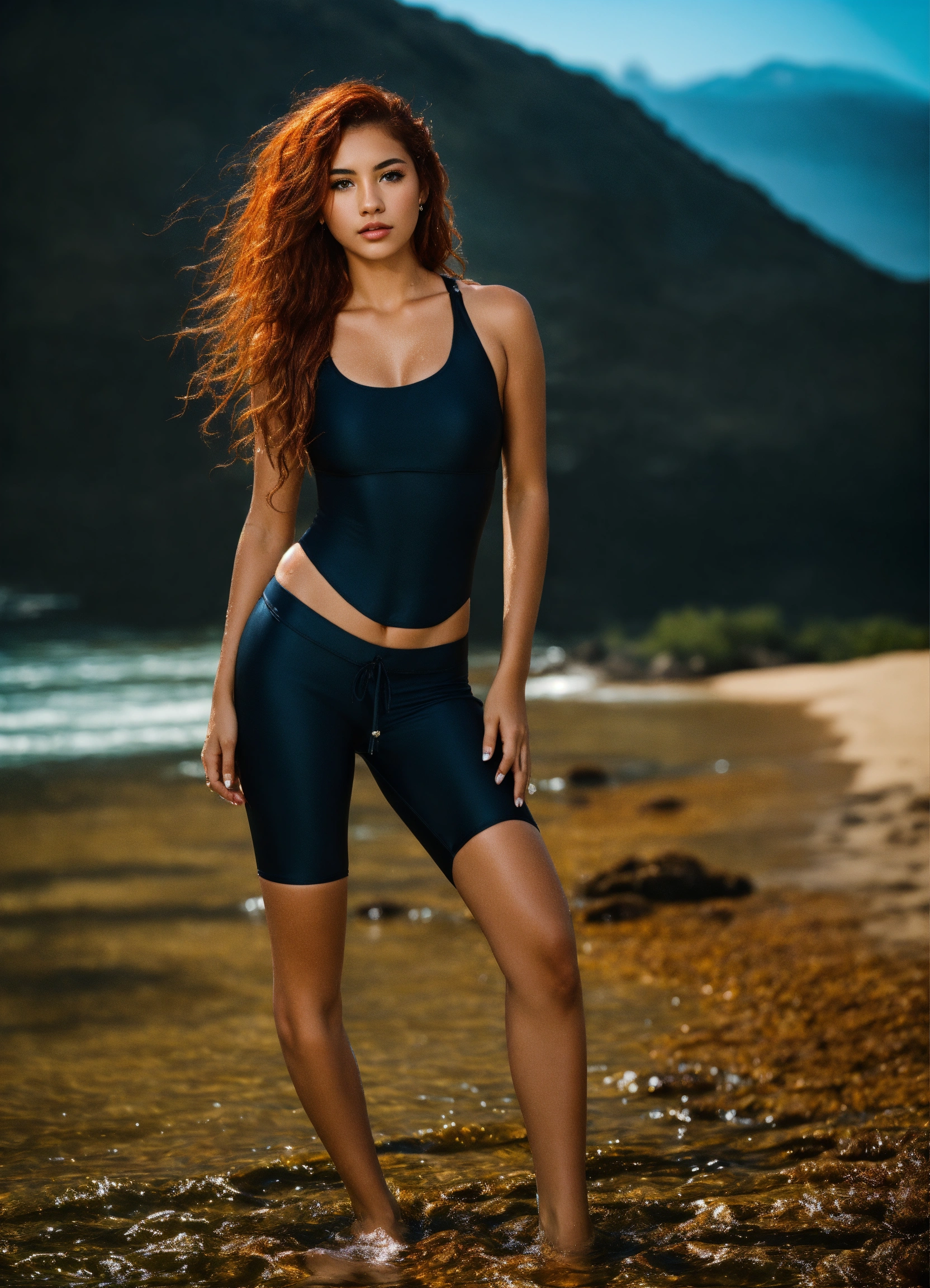 Lexica - Latina girl in 2 piece black swim suit with Extremely fair skin  and blue eyes. Water Wet red hairs.