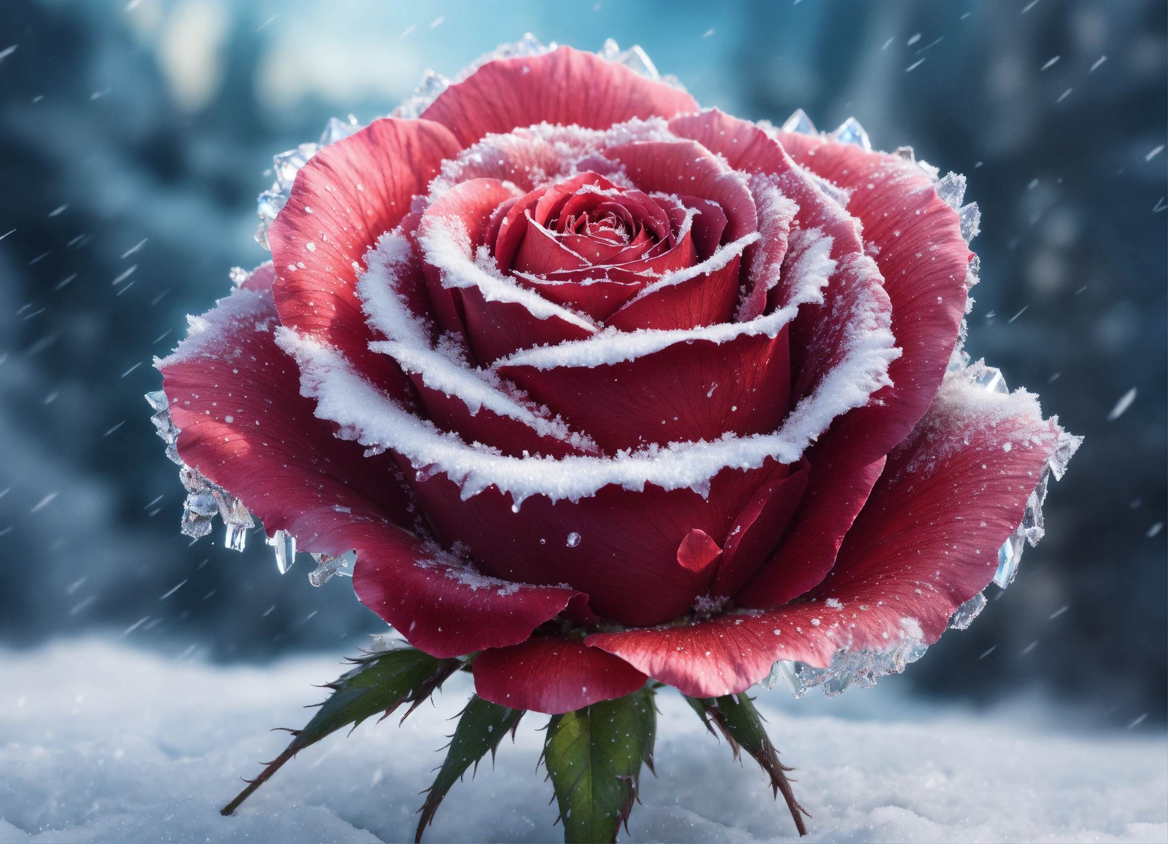 Lexica Crystal frozen rose in the snow , high detailed, realistic