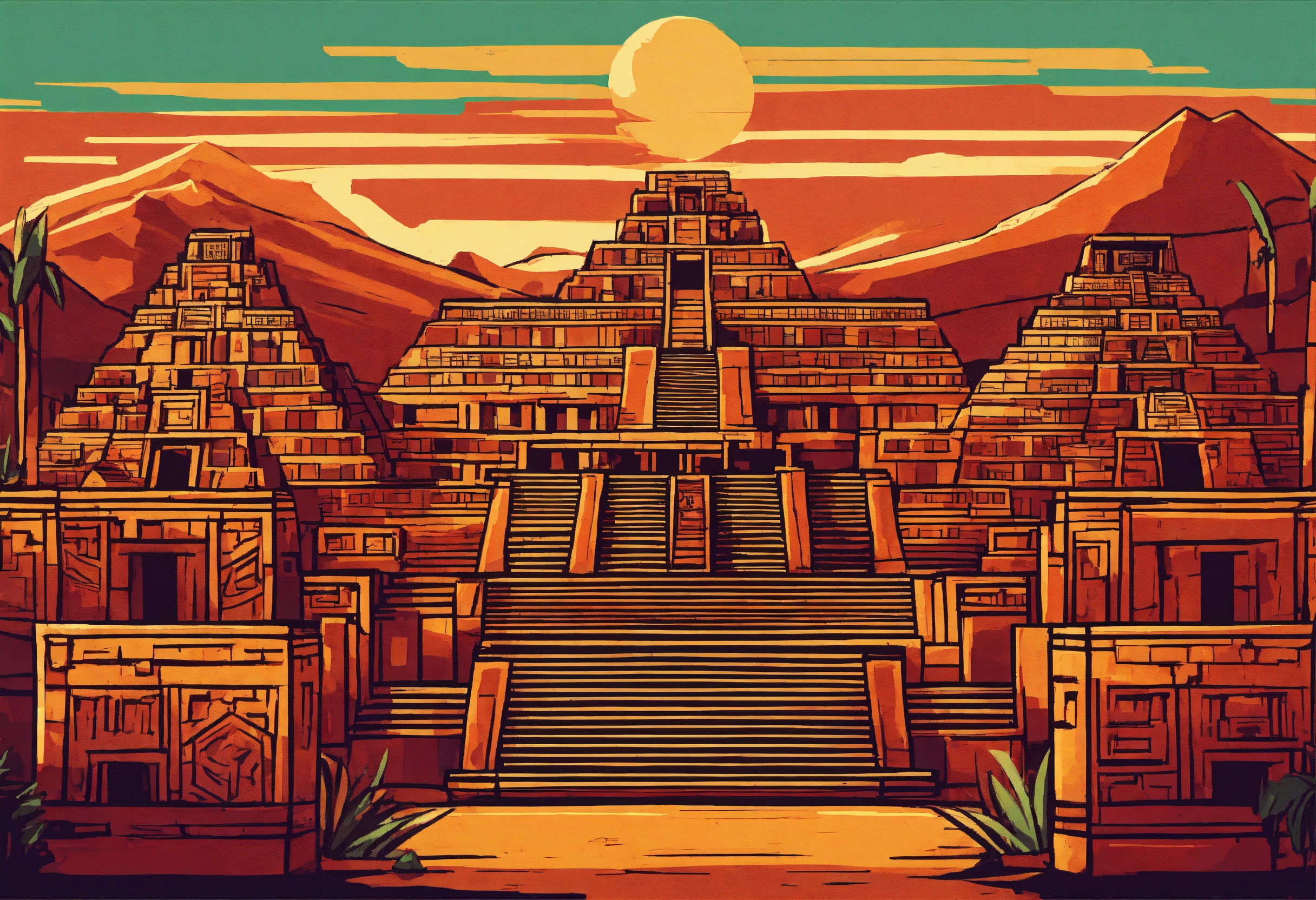Lexica - Graphic stylized drawing of aztec city in 4 colors, 8k