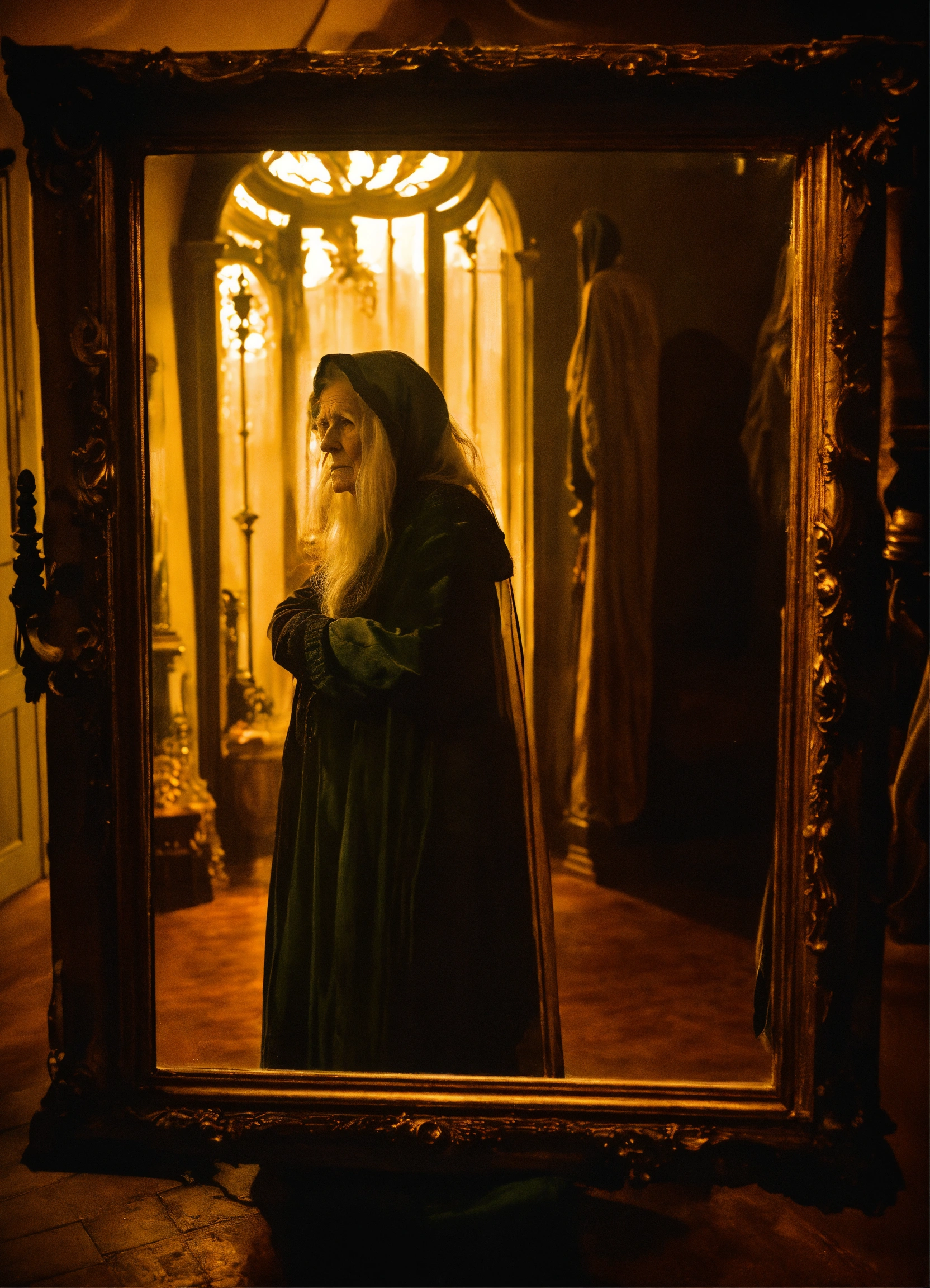 Lexica - An image of a ghostly old witch looking outward in an antic ...