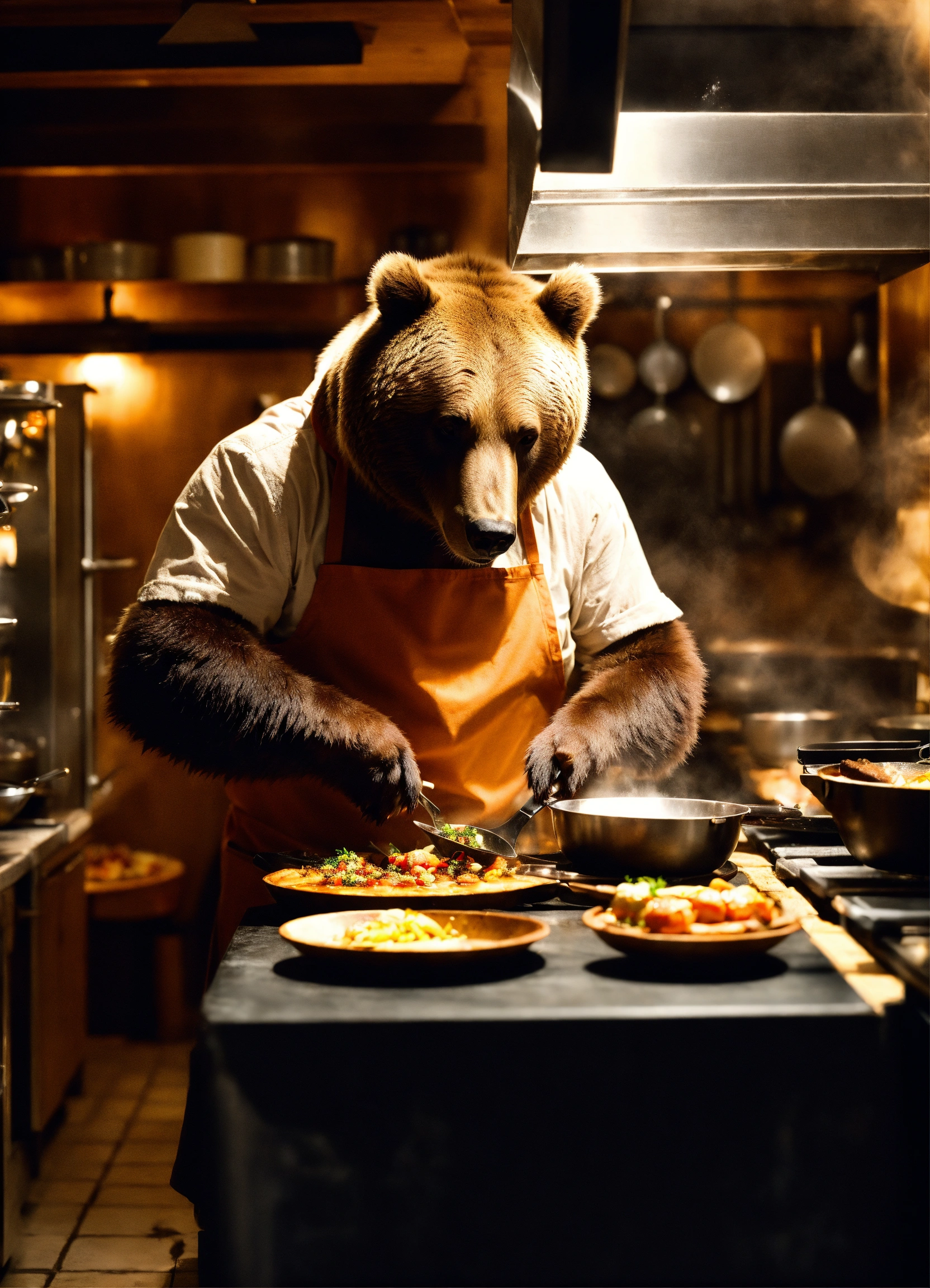 Lexica - Grizzly bear cooking in kitchen, French restaurant, fine ...