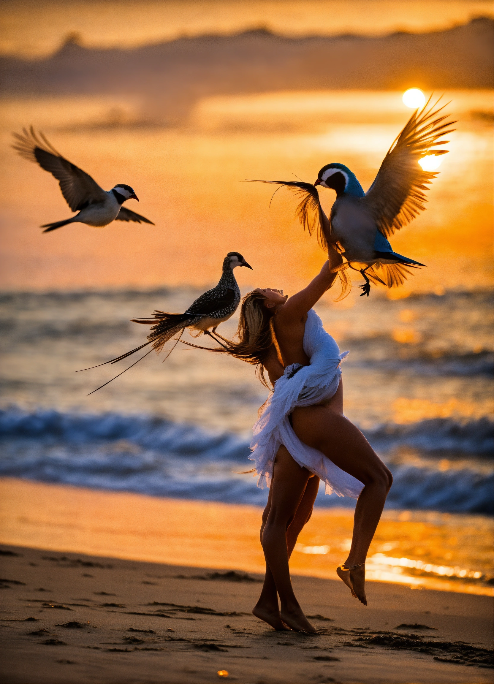 Lexica - A dancing couple bird on the beach.