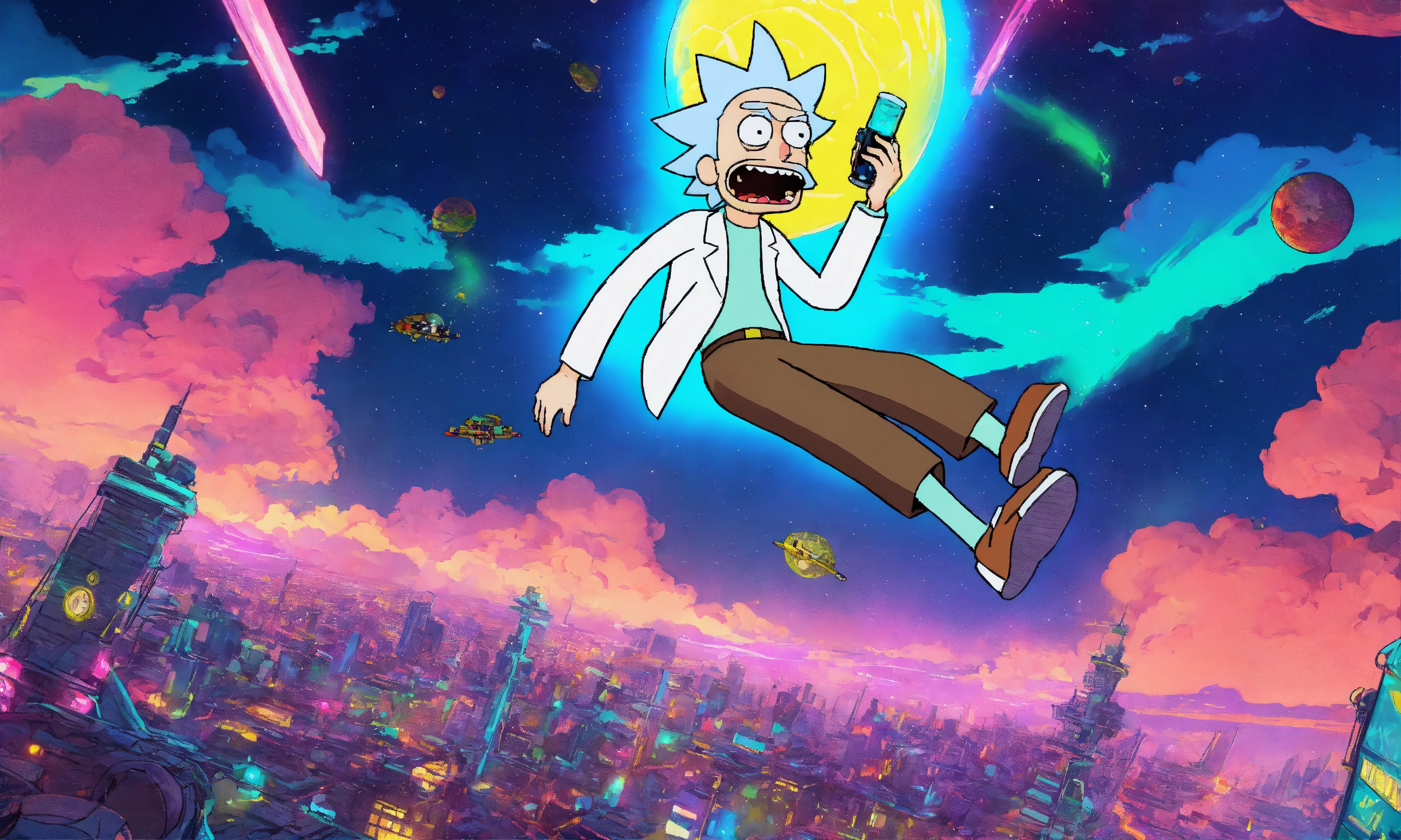 Lexica - Cyberpunk Rick Sanchez from Rick & Morty floating in the night ...