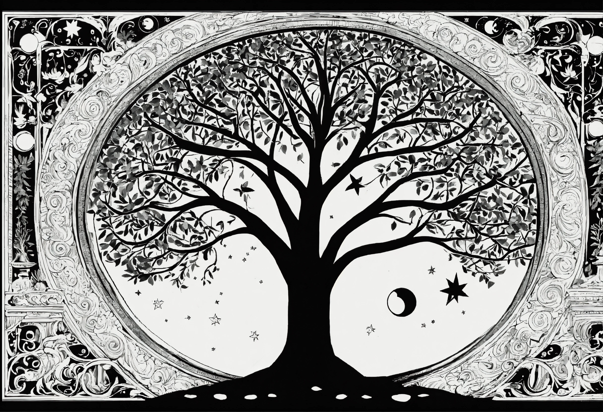 Lexica - Tree of life black and white no leaf with moon sun and stars