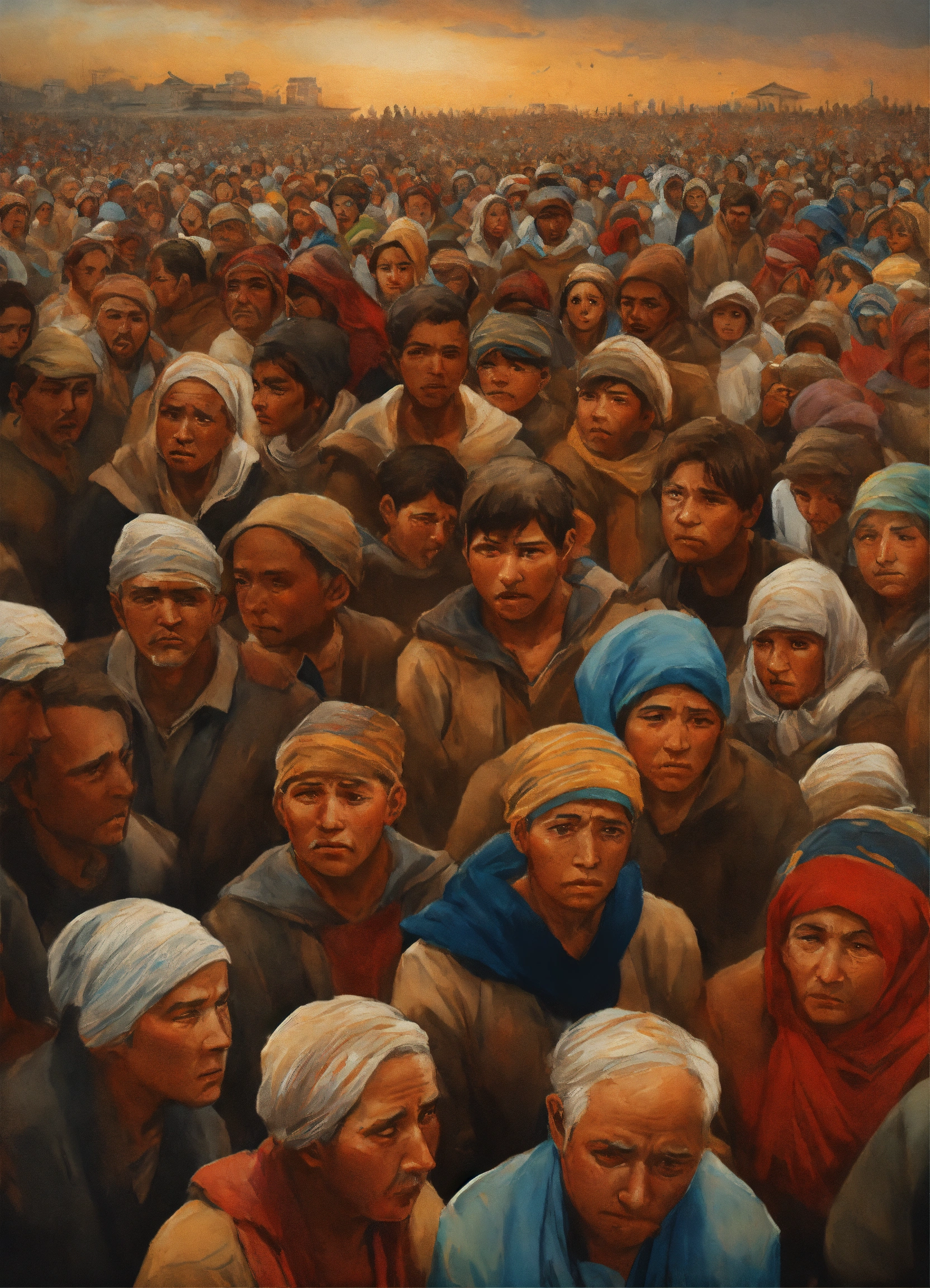 Lexica - Picture a large gathering of individuals, their faces etched ...