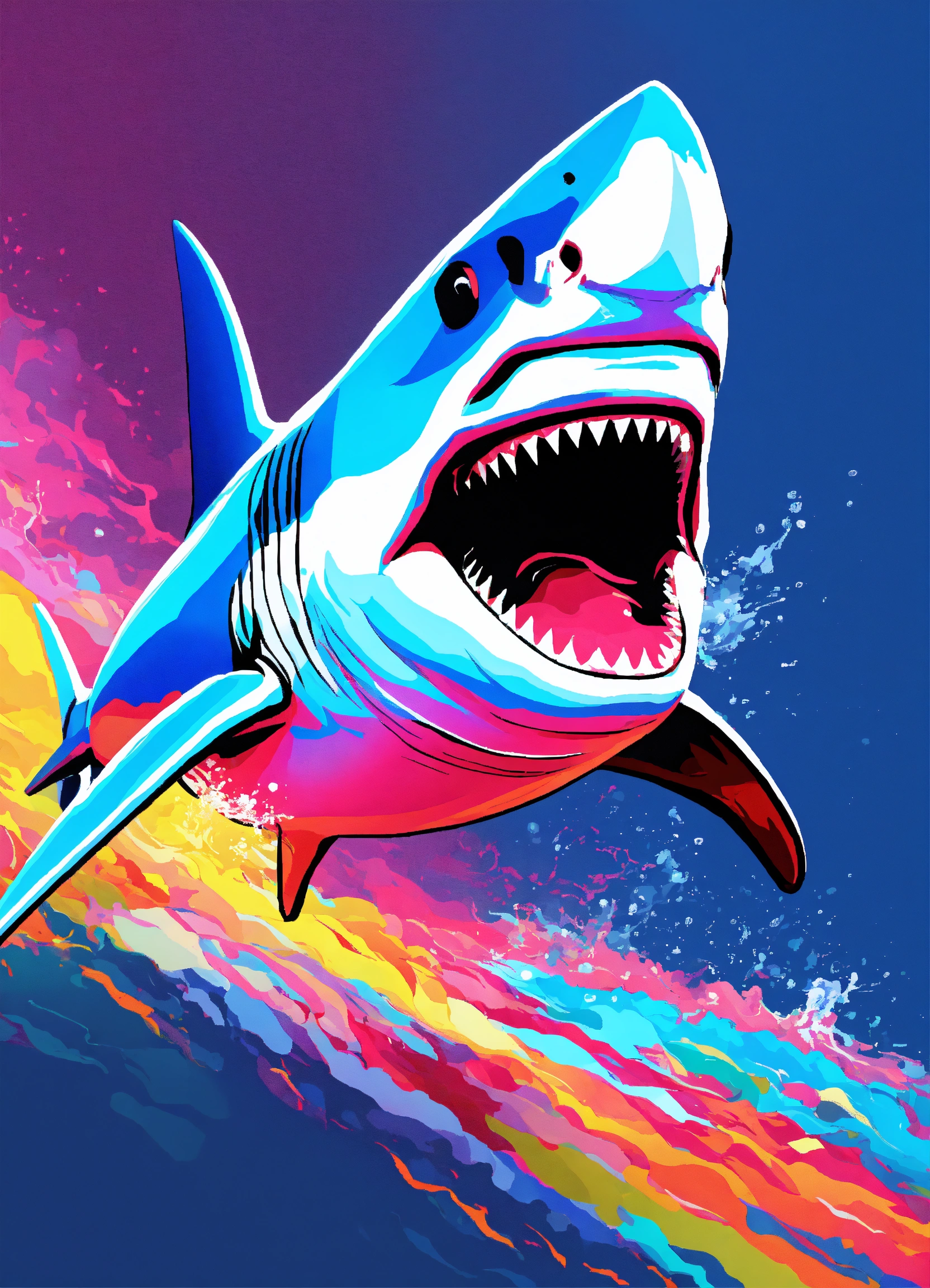 Lexica - Very color background with a great white shark busting through ...