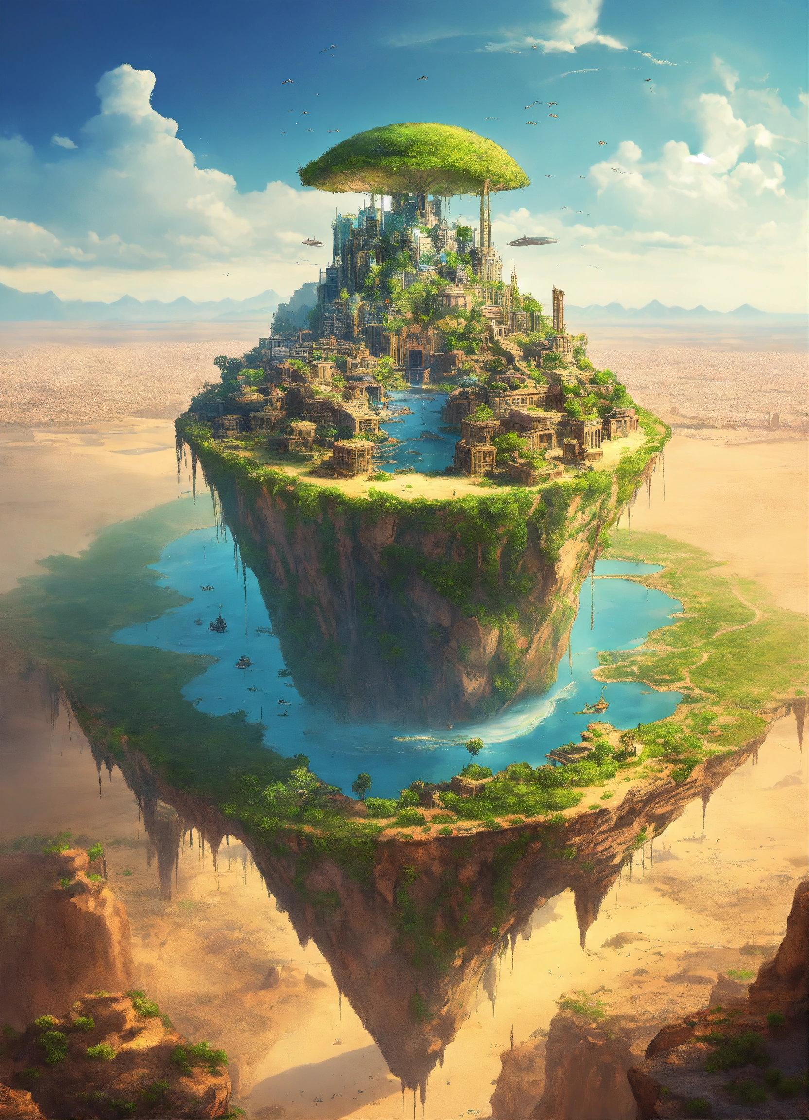 Lexica - A flying island with a city on top in the middle of the desert ...
