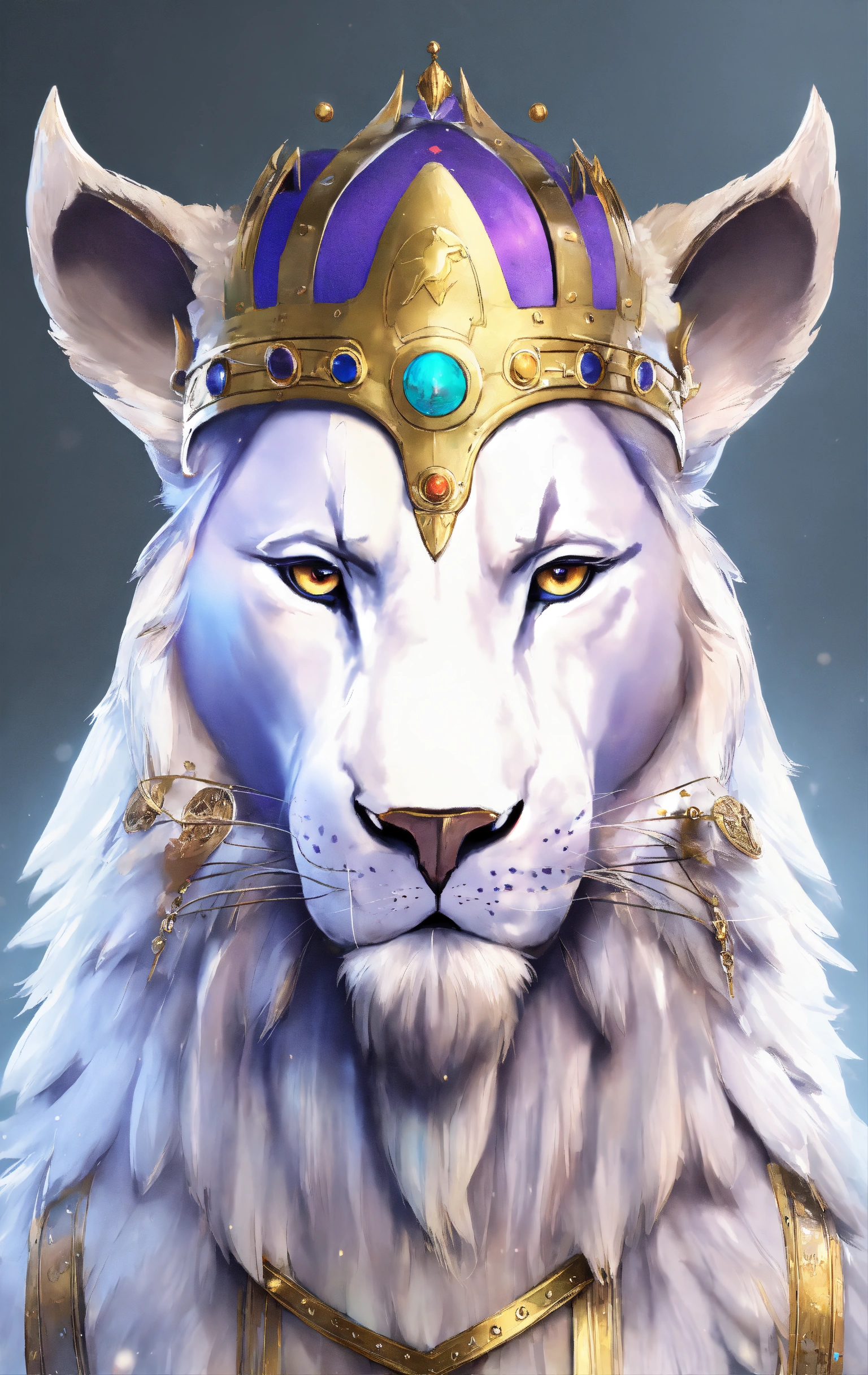 Lexica - Lion, in a medieval helmet, with multi-colored eyes
