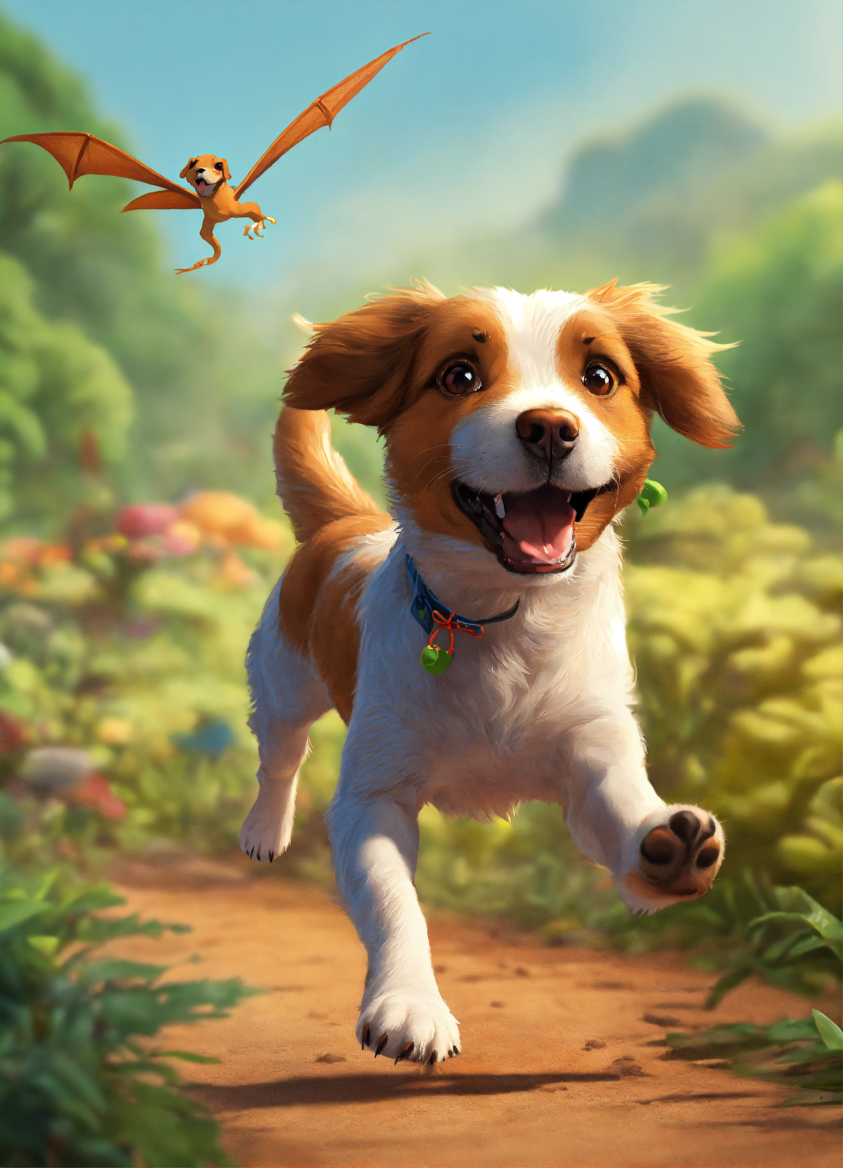 Lexica - An animated a little dog running behind a lizard.
