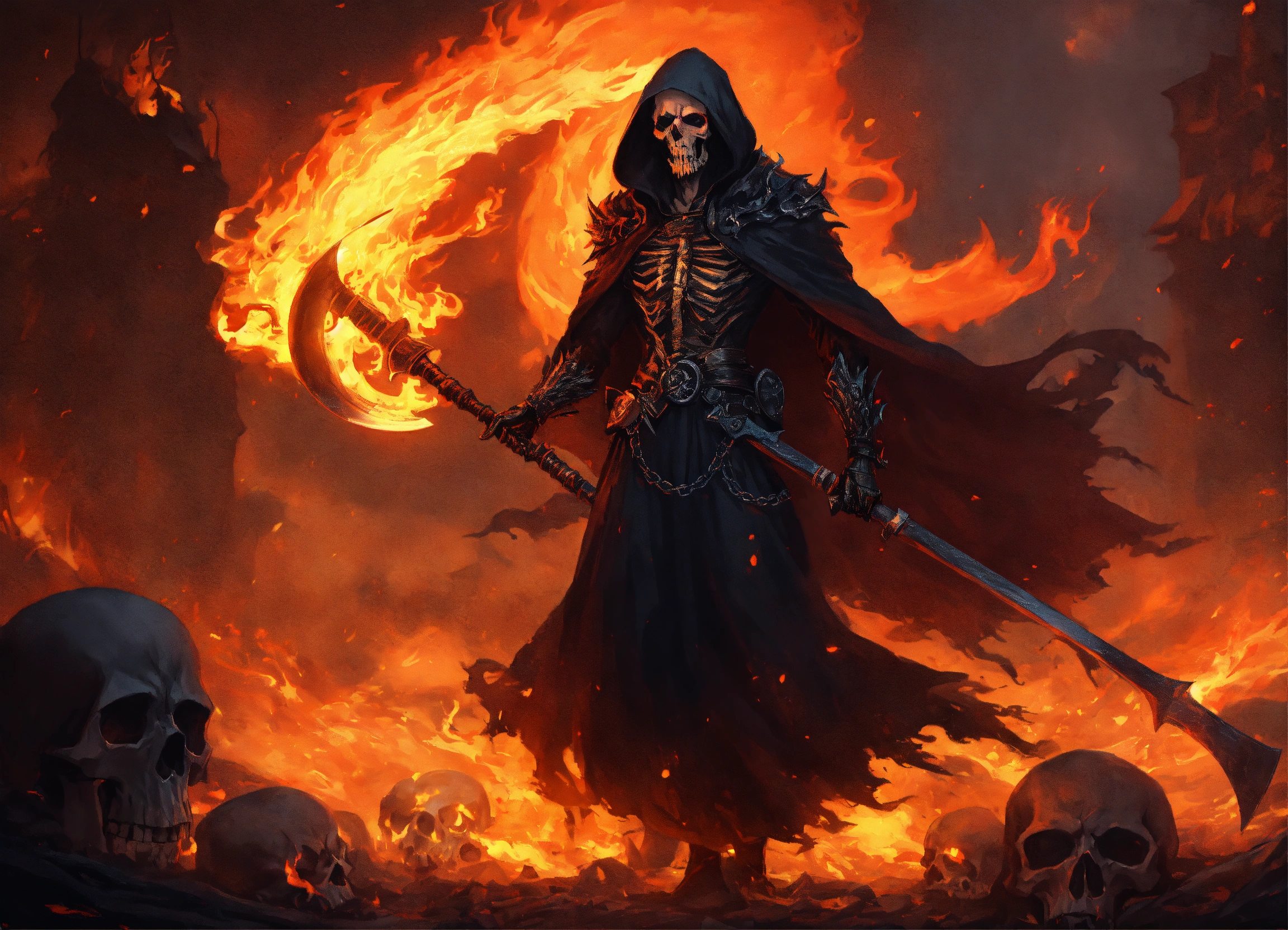 Lexica - Menacing grim reaper with flaming scythe raised for the kill ...