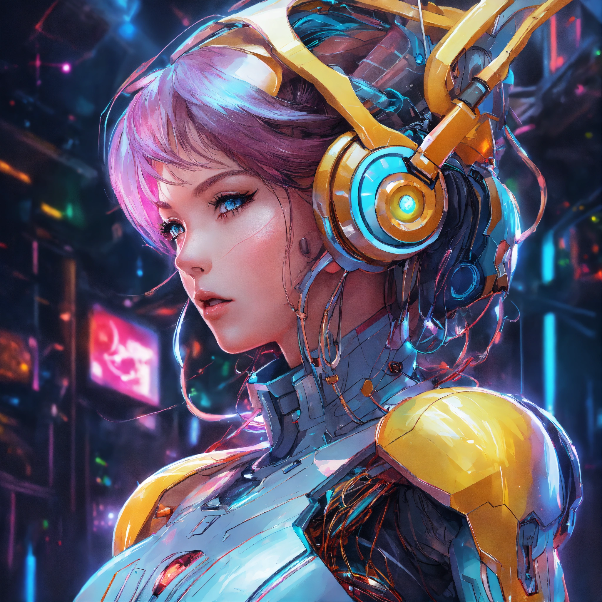 Lexica - Abstract style anime art of a magical android techno space girl,  robotic, primary coloured lights, 8k, stunning intricate details, by  artger...