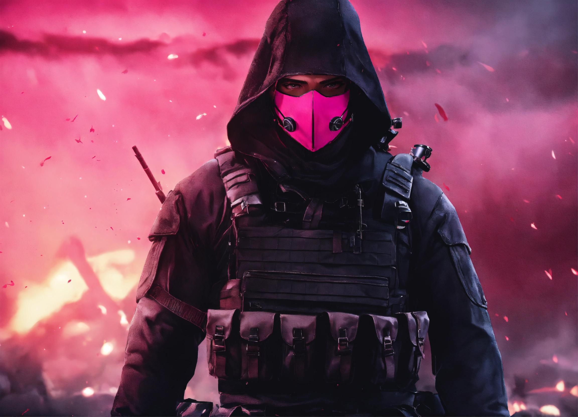 Lexica - Man ; pink comando outfit ; battlefield ; masked face ; black hood