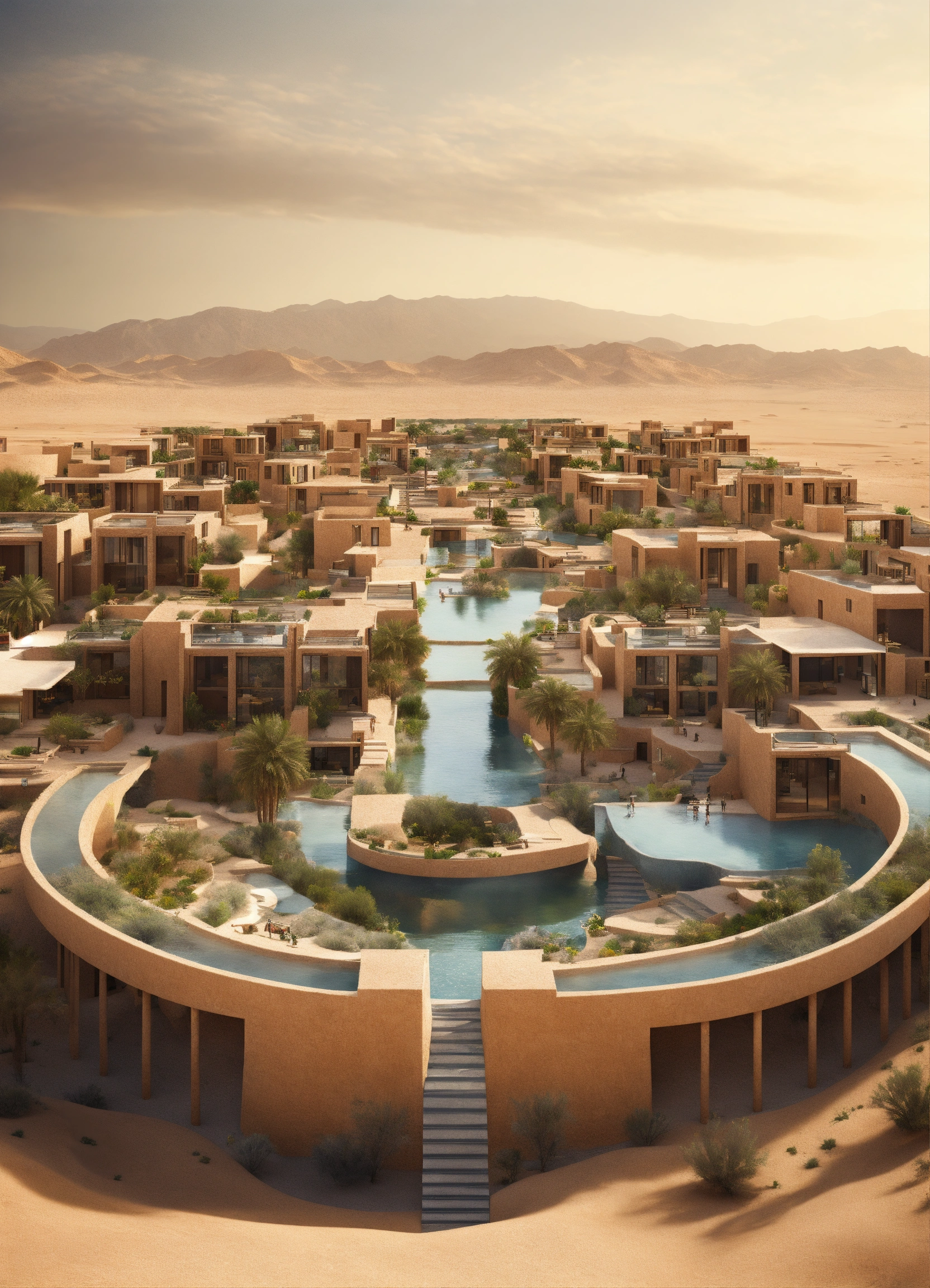 Lexica - A city with villas of multiple floors in the desert with water ...