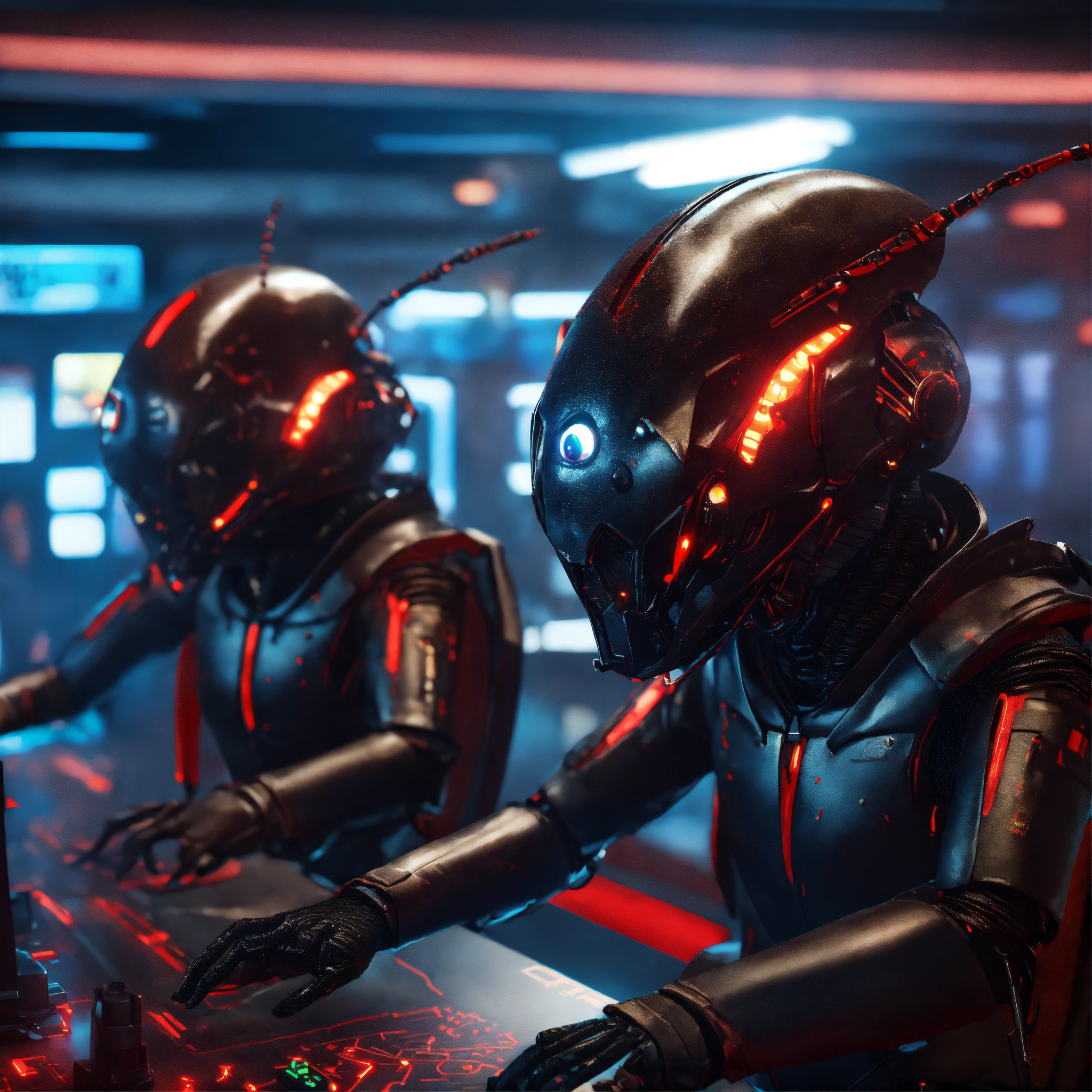 Lexica - 3 black cockroach faced humanoids with red eyes and detailed ...