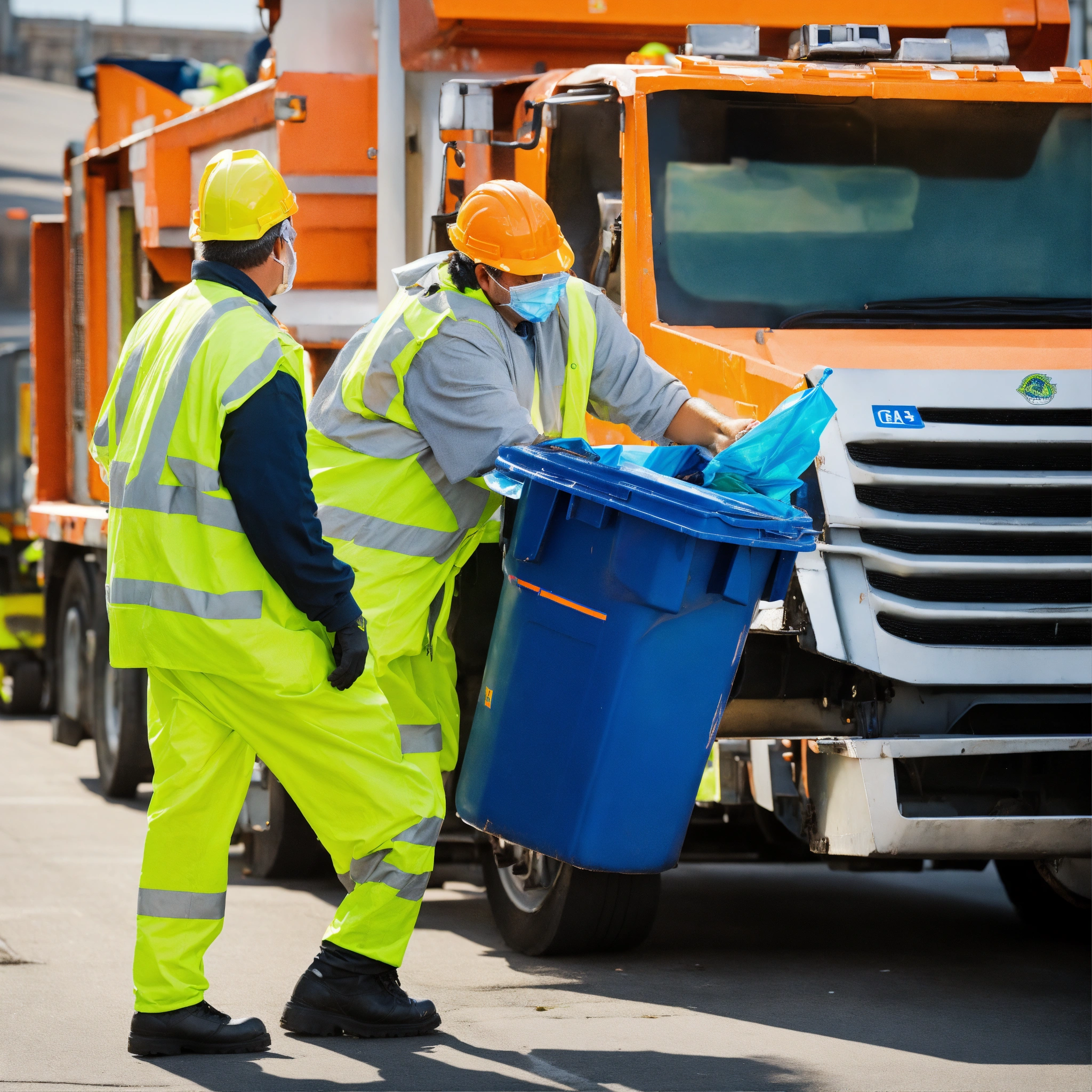 Lexica - Stock images of garbage men doing their job in high visibility ...