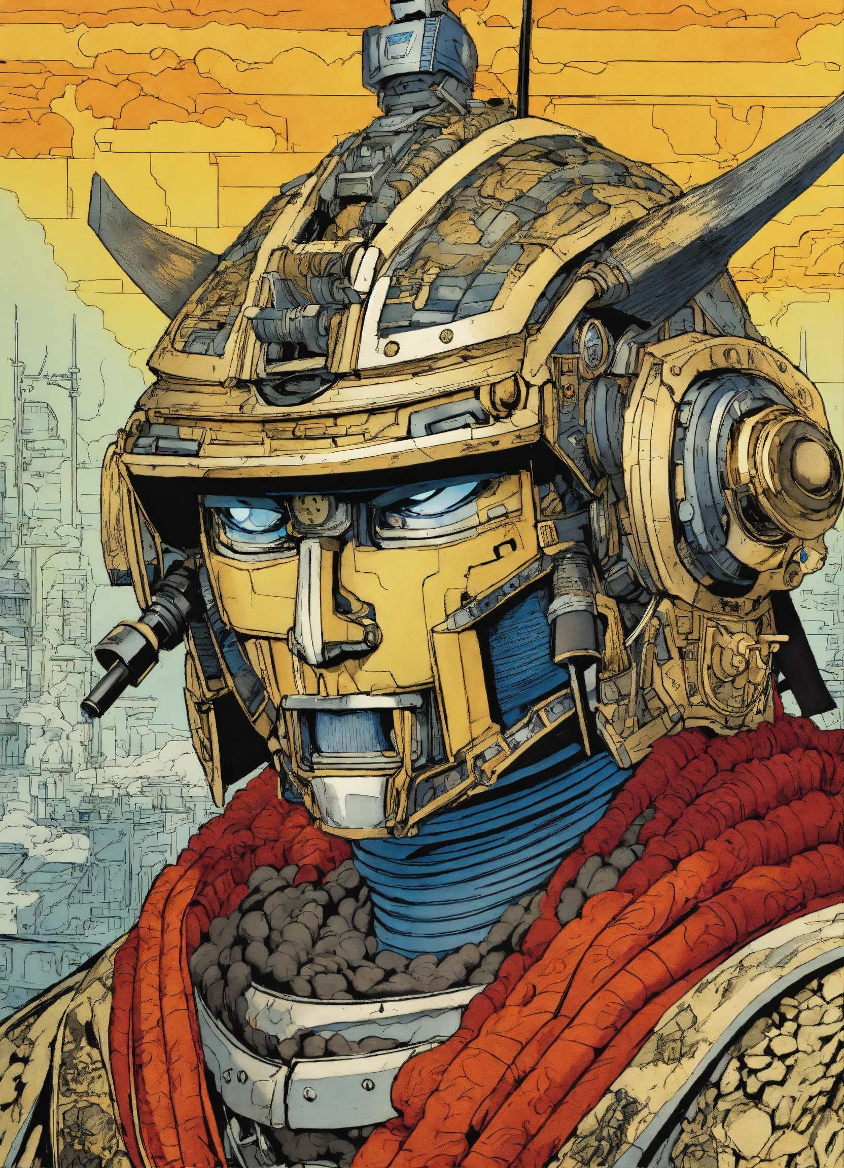 Lexica - Detailed pen and ink illustration of a samurai robot, head ...